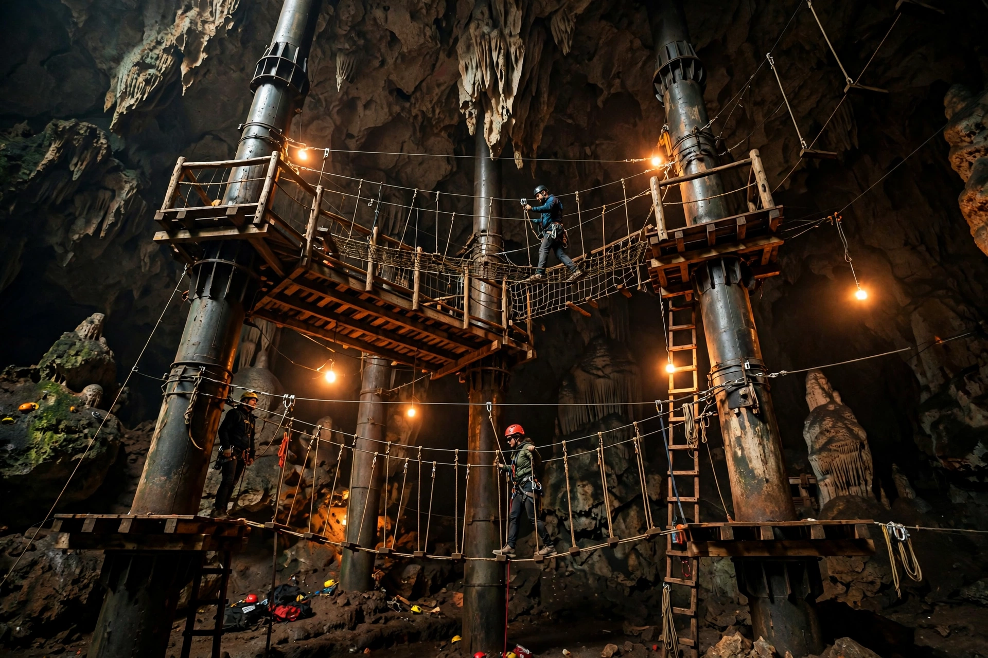 Harnessed climbers crossing rope bridges on a two-level aerial challenge course inside a dimly lit limestone cavern