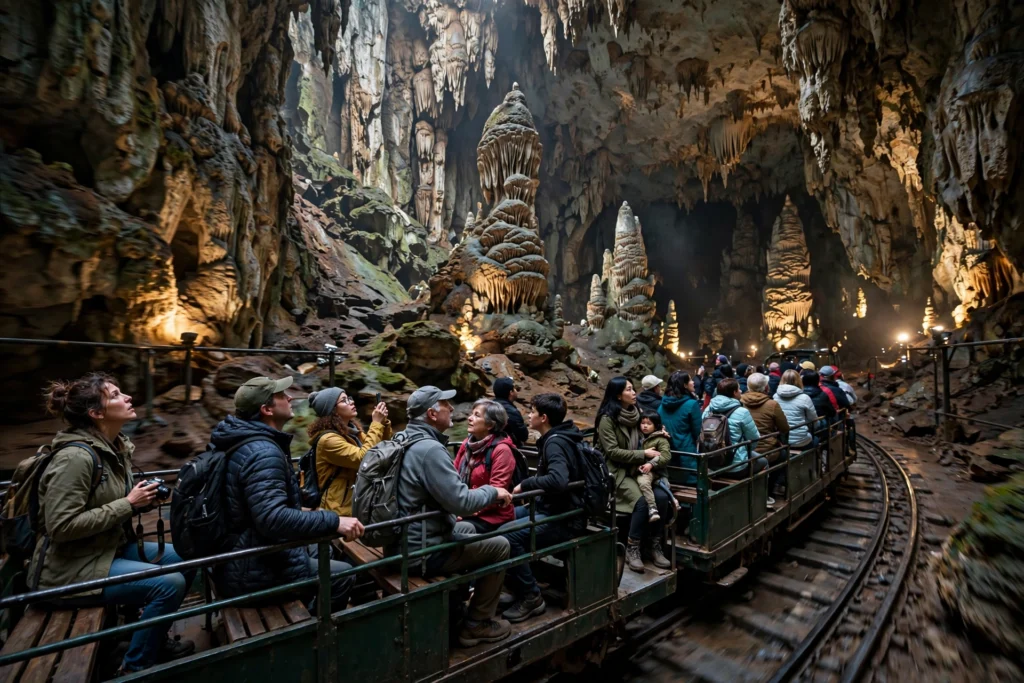 An open-air tram full of tourists gliding through a vast underground limestone cavern lit by warm spotlights