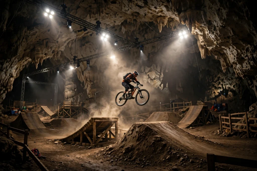A mountain biker mid-air over a dirt jump in an underground bike park inside a huge limestone cavern