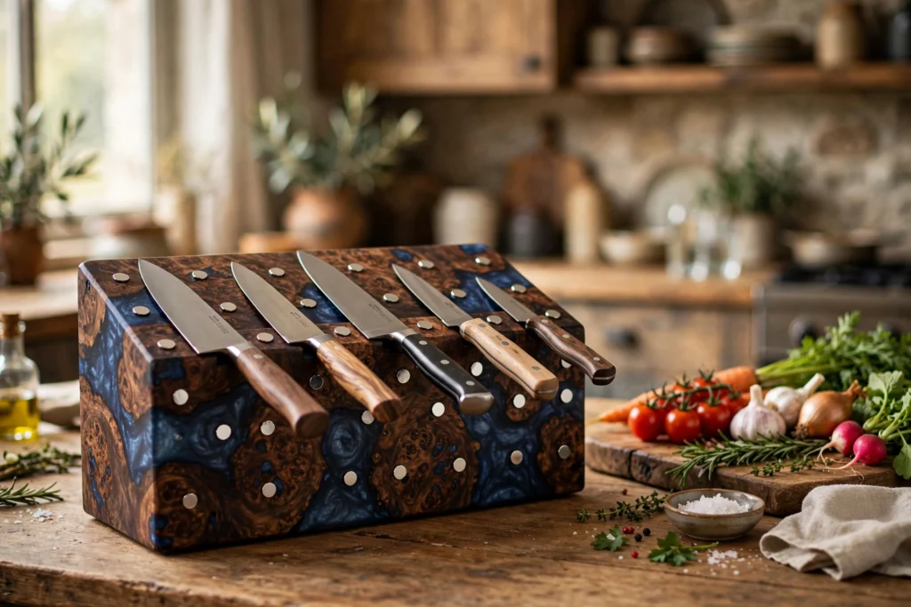 Handmade wooden magnetic knife block with burl wood and blue epoxy resin holding chef's knives on a kitchen counter