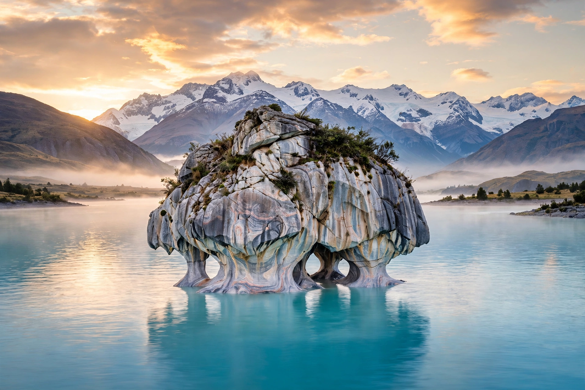 The Marble Cathedral, a freestanding marble island with arches on turquoise Lago General Carrera, Chile