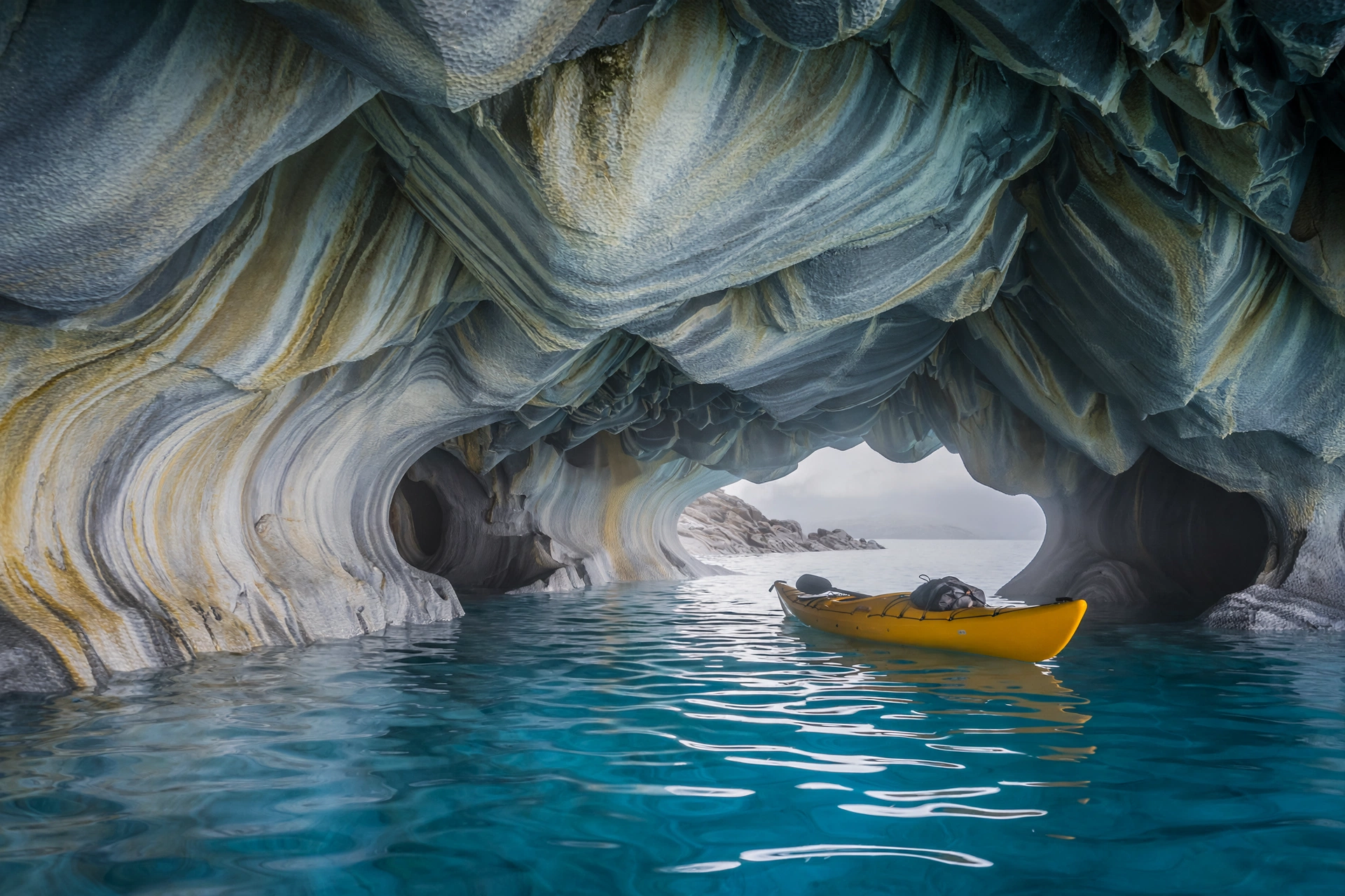Swirled white marble walls with gray and yellow veining inside Chile's Marble Caves, kayak at the entrance