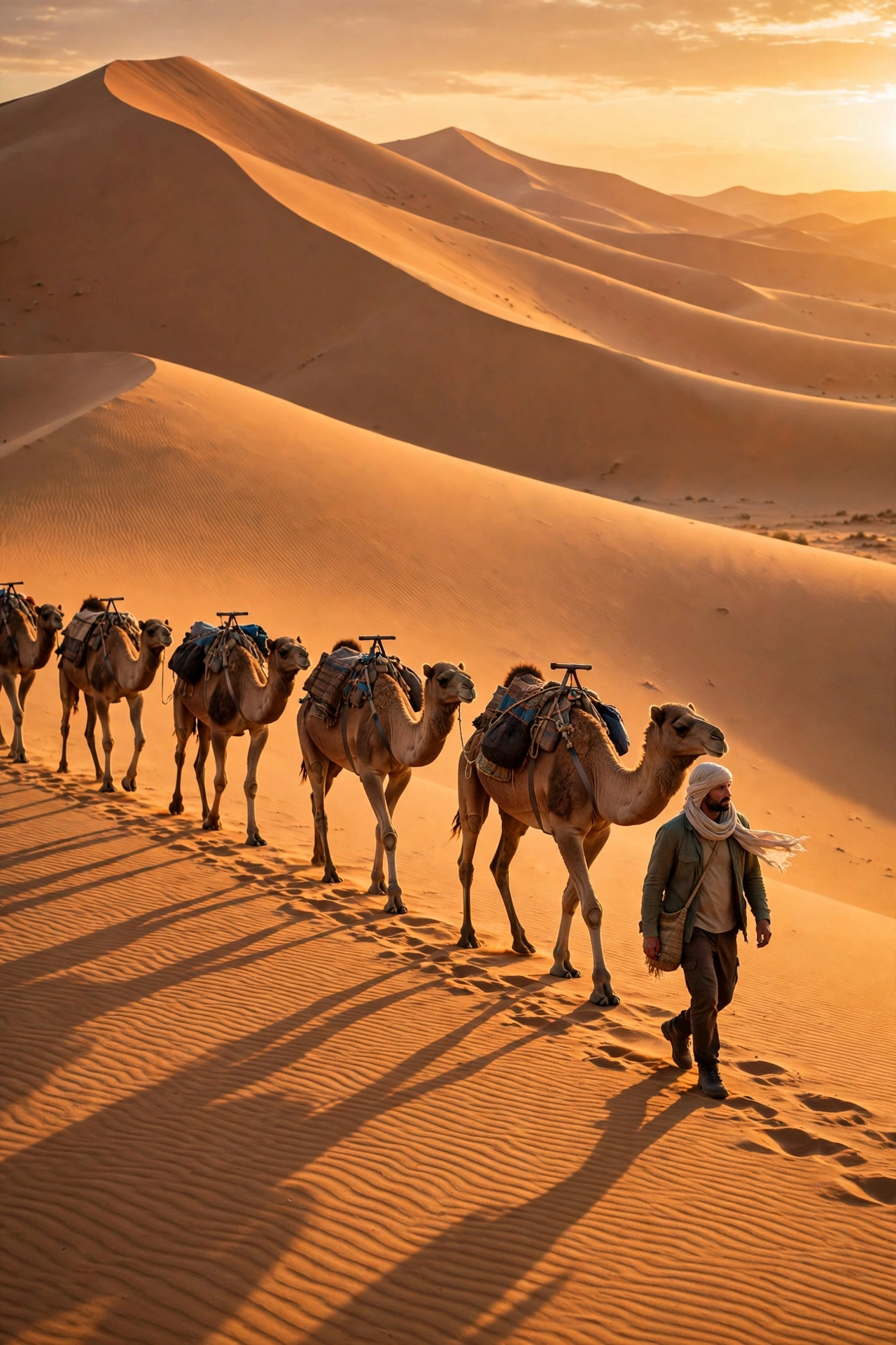 Camel caravan crossing giant orange Erg Chebbi sand dunes in the Sahara near Merzouga Morocco at golden sunset