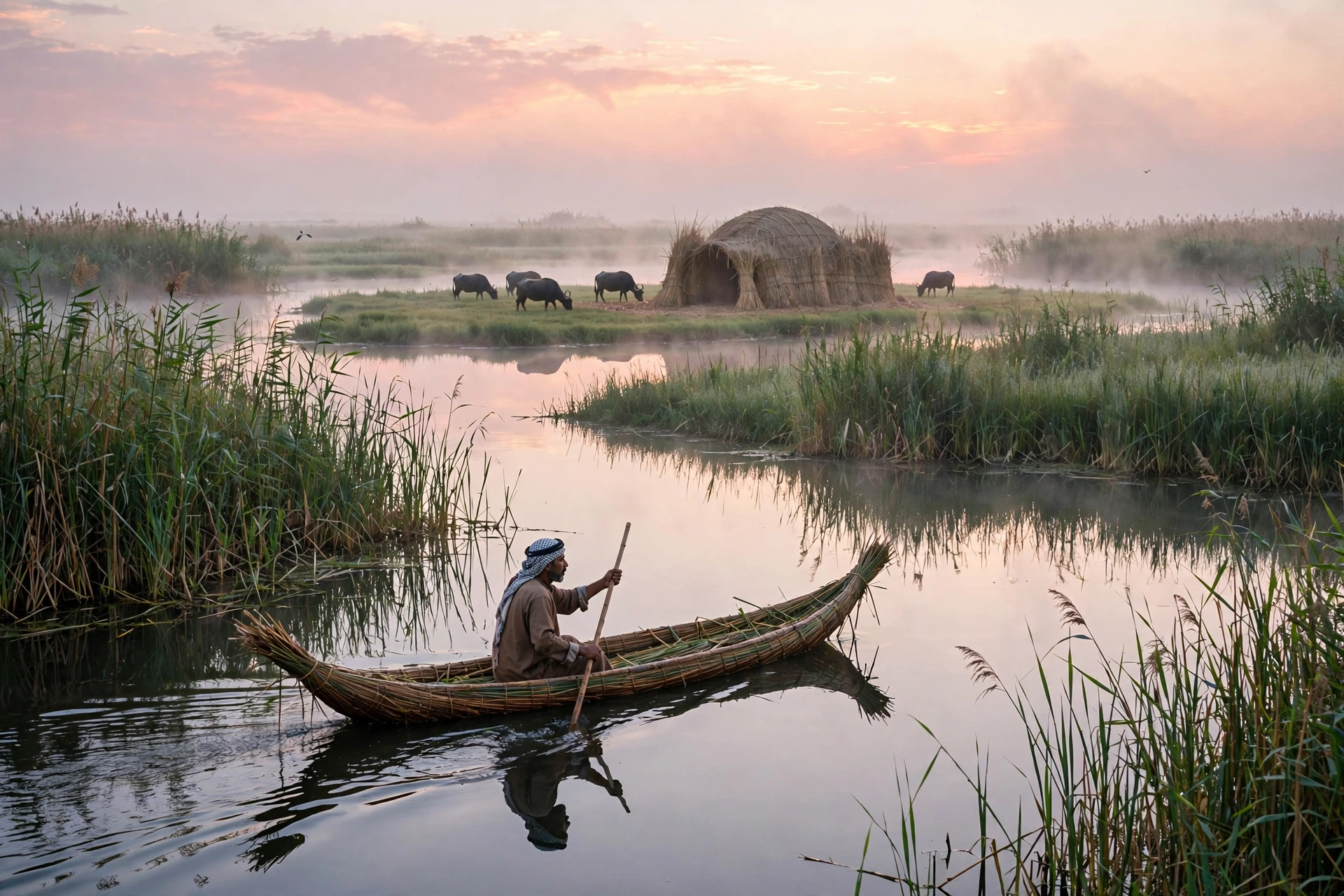 A traditional mashoof reed canoe gliding through the Mesopotamian marshlands of southern Iraq at dawn