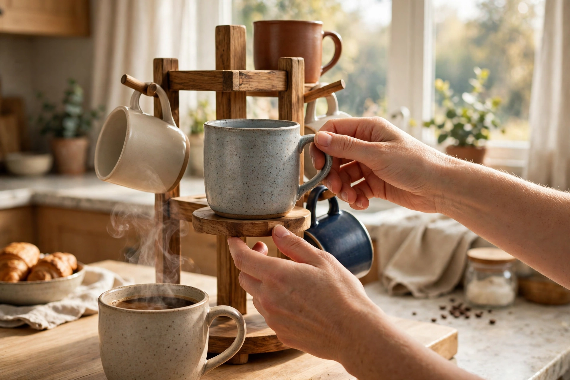 Hands reaching for a mug from a wooden stand in a sunny kitchen during a morning coffee routine
