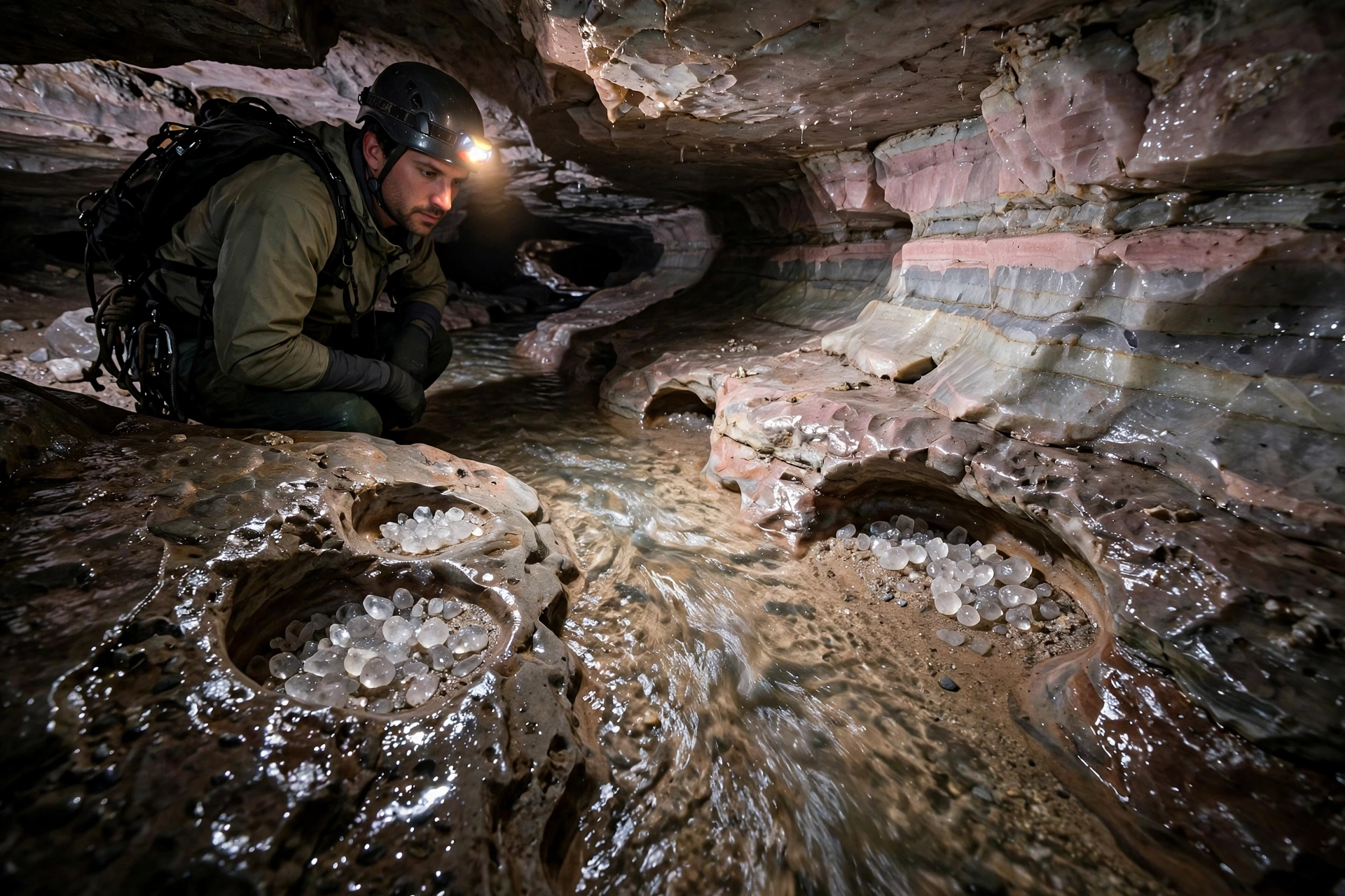 A caver with a headlamp exploring a quartzite cave passage with a clear stream and crystal-filled potholes under Mount Roraima