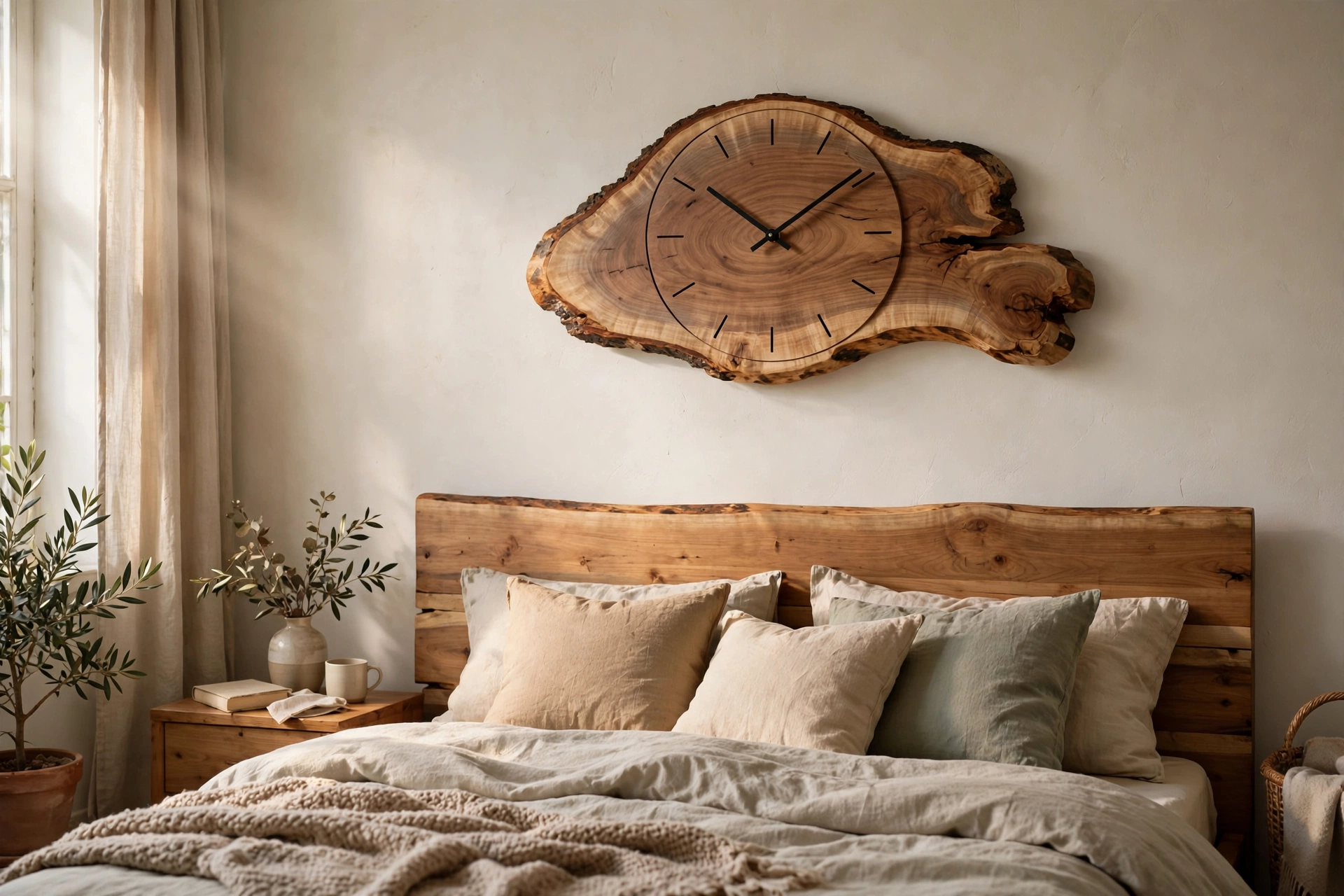 Silent live edge wooden wall clock above a wooden headboard in a calm bedroom with soft morning light