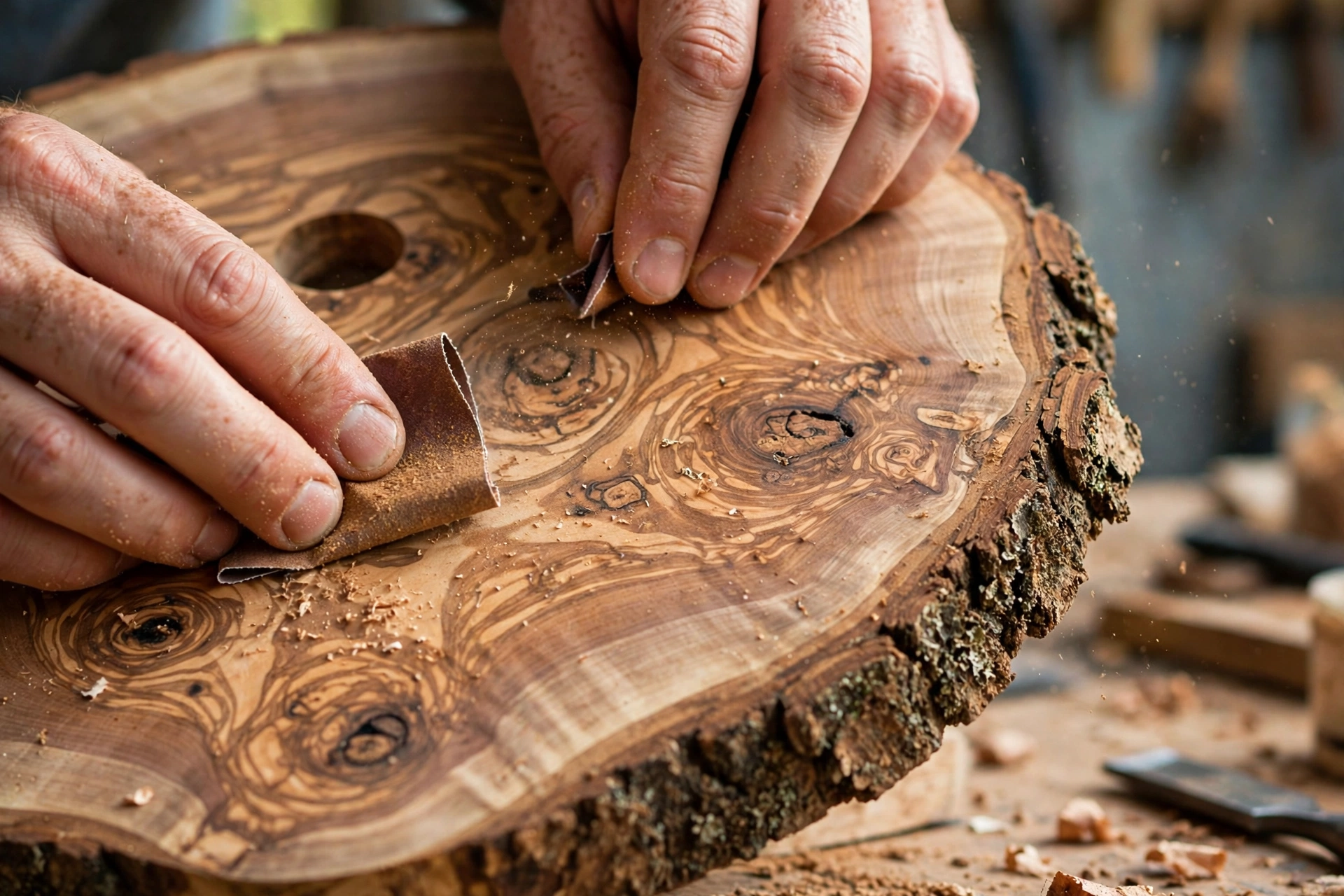 Close up of olive wood grain with swirling patterns, knots and a natural live edge on a handmade clock slab