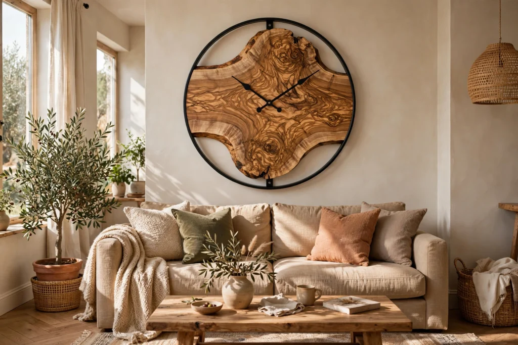 Large handmade live edge olive wood wall clock with swirling grain and Roman numerals hanging on a warm plaster wall above a sofa