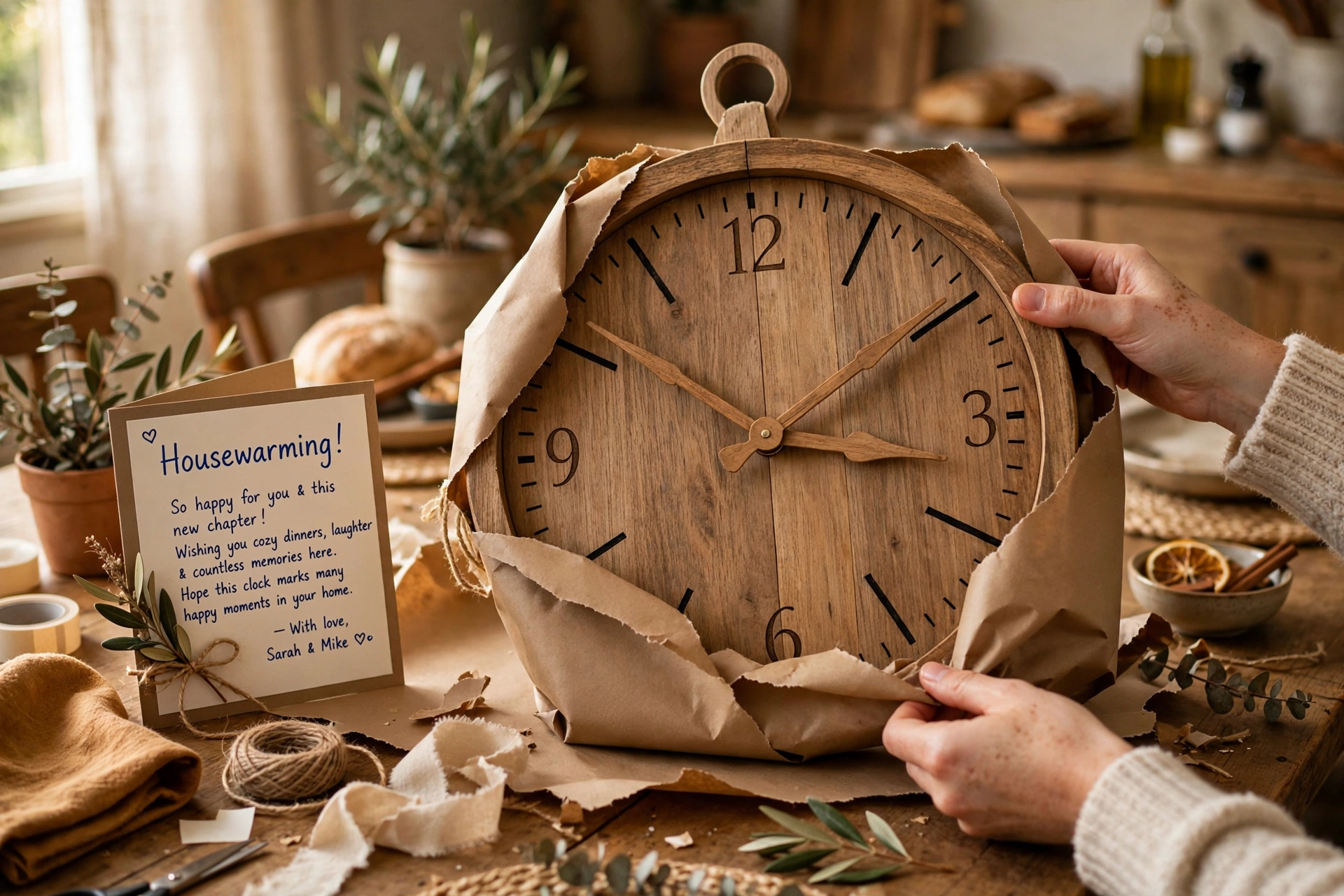 Handmade wooden wall clock being unwrapped as a housewarming gift on a dining table