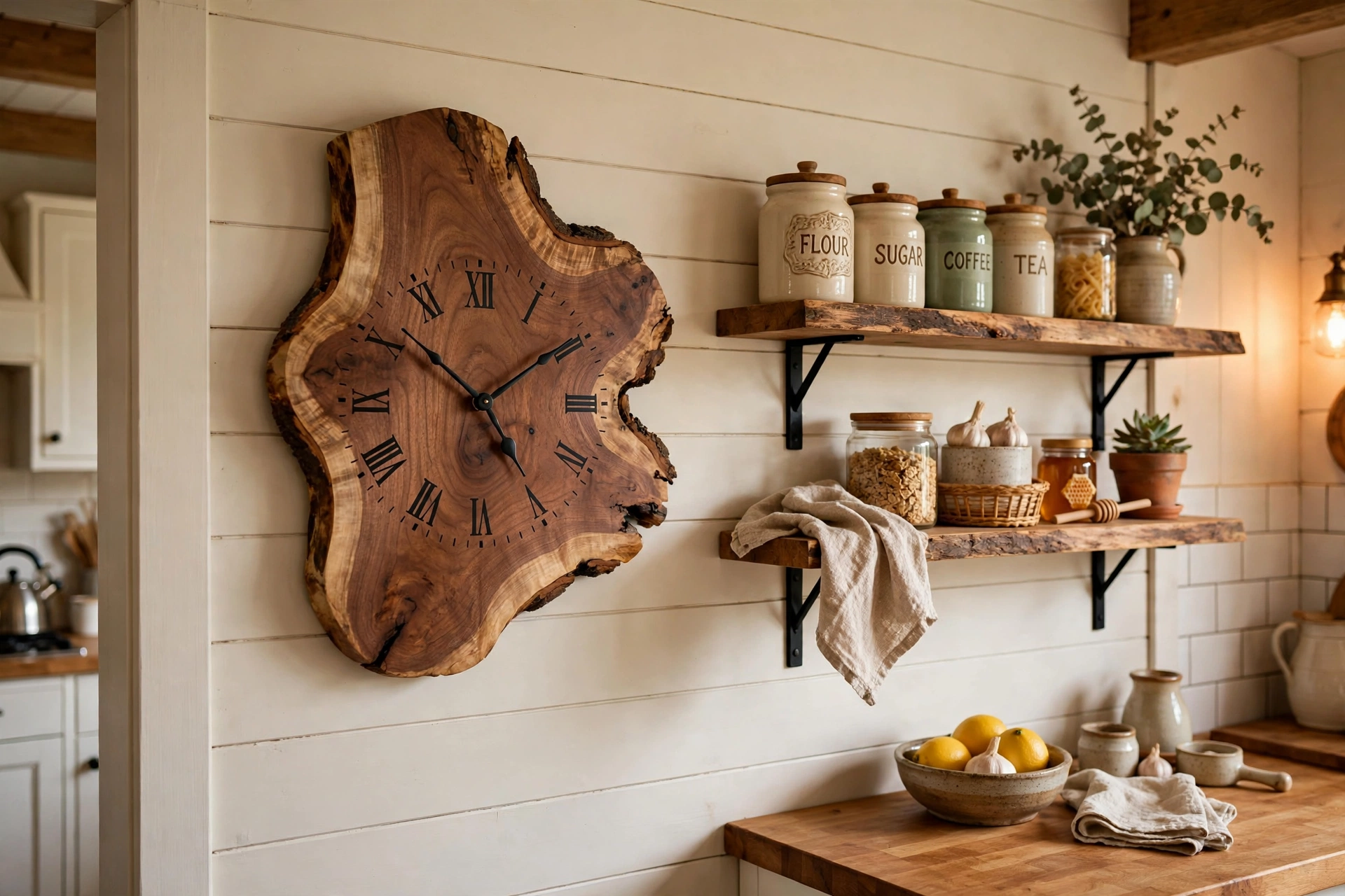 Rustic live edge wood wall clock in a farmhouse kitchen with open shelves and ceramic jars