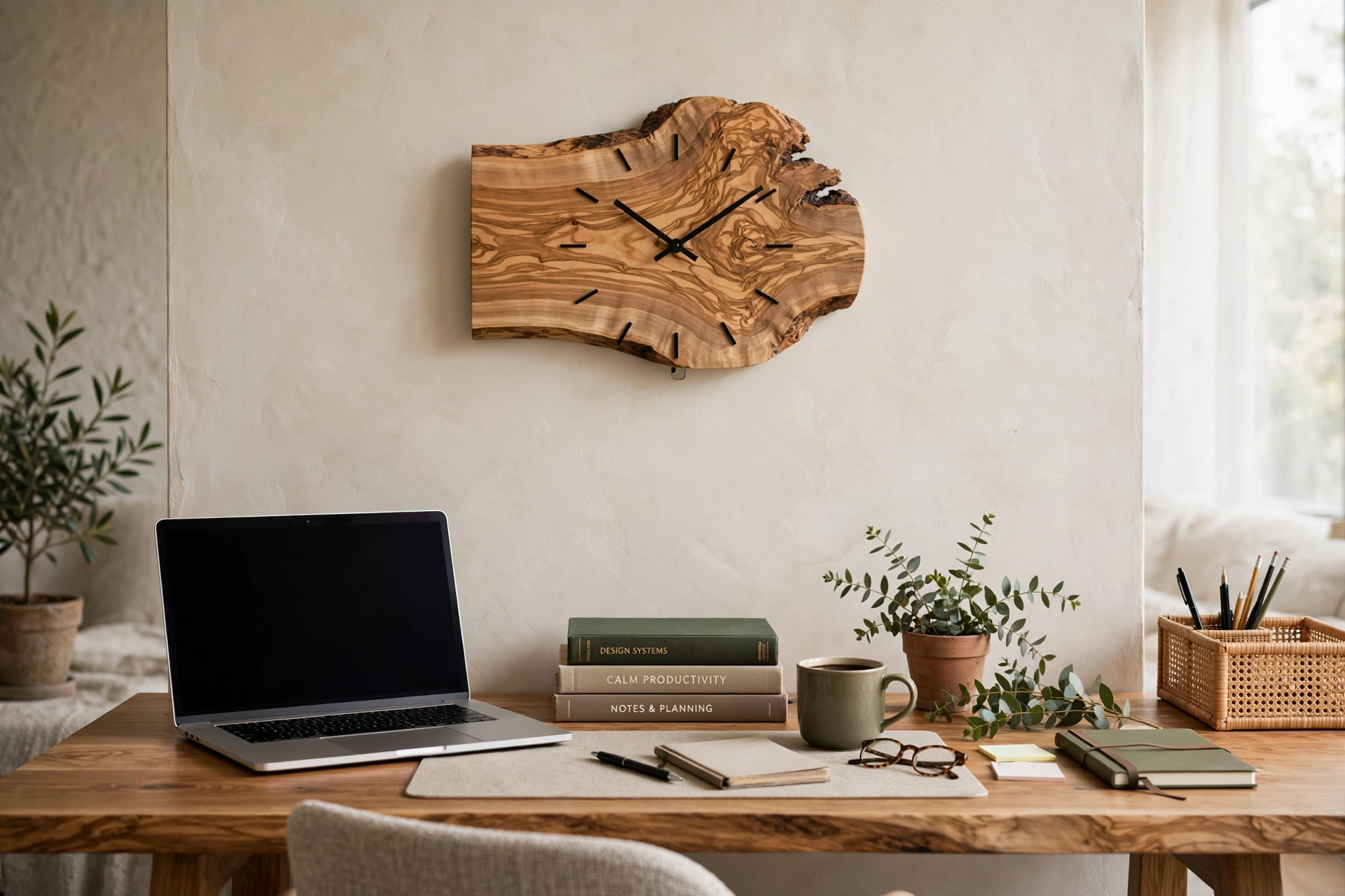 Live edge olive wood wall clock above a wooden desk in a modern home office