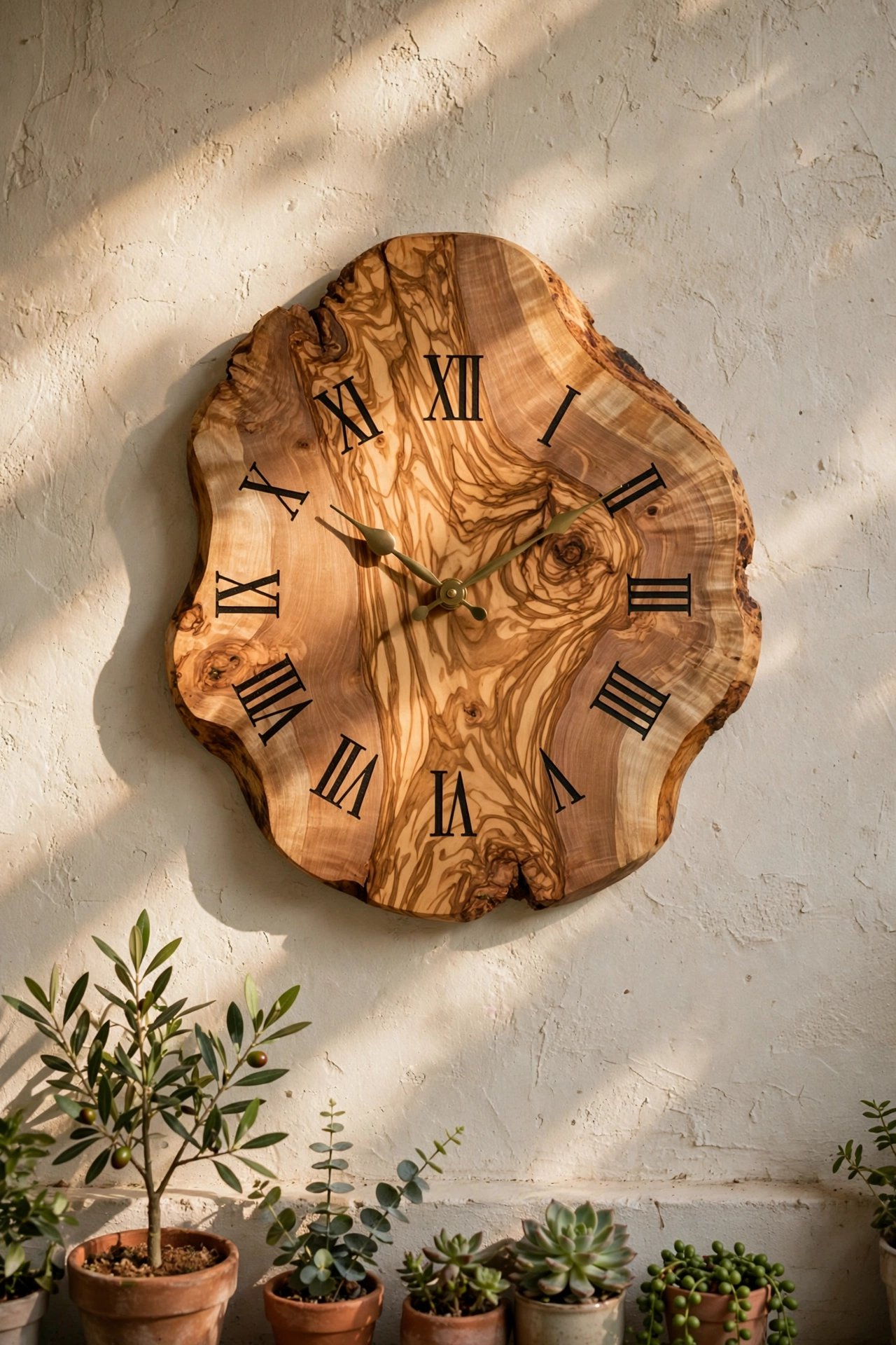 Large handmade live edge olive wood wall clock with swirling grain and Roman numerals hanging on a warm plaster wall above a sofa