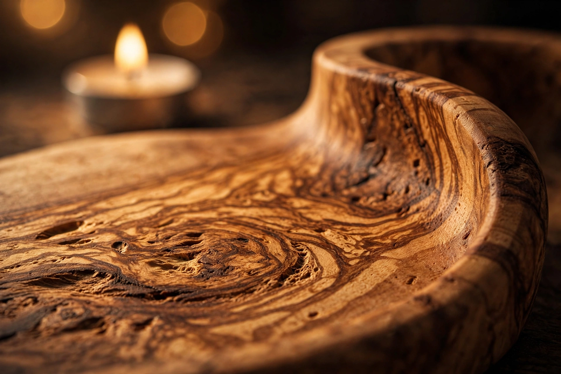 Macro close-up of swirling golden olive wood grain with a tea light flame glowing softly behind