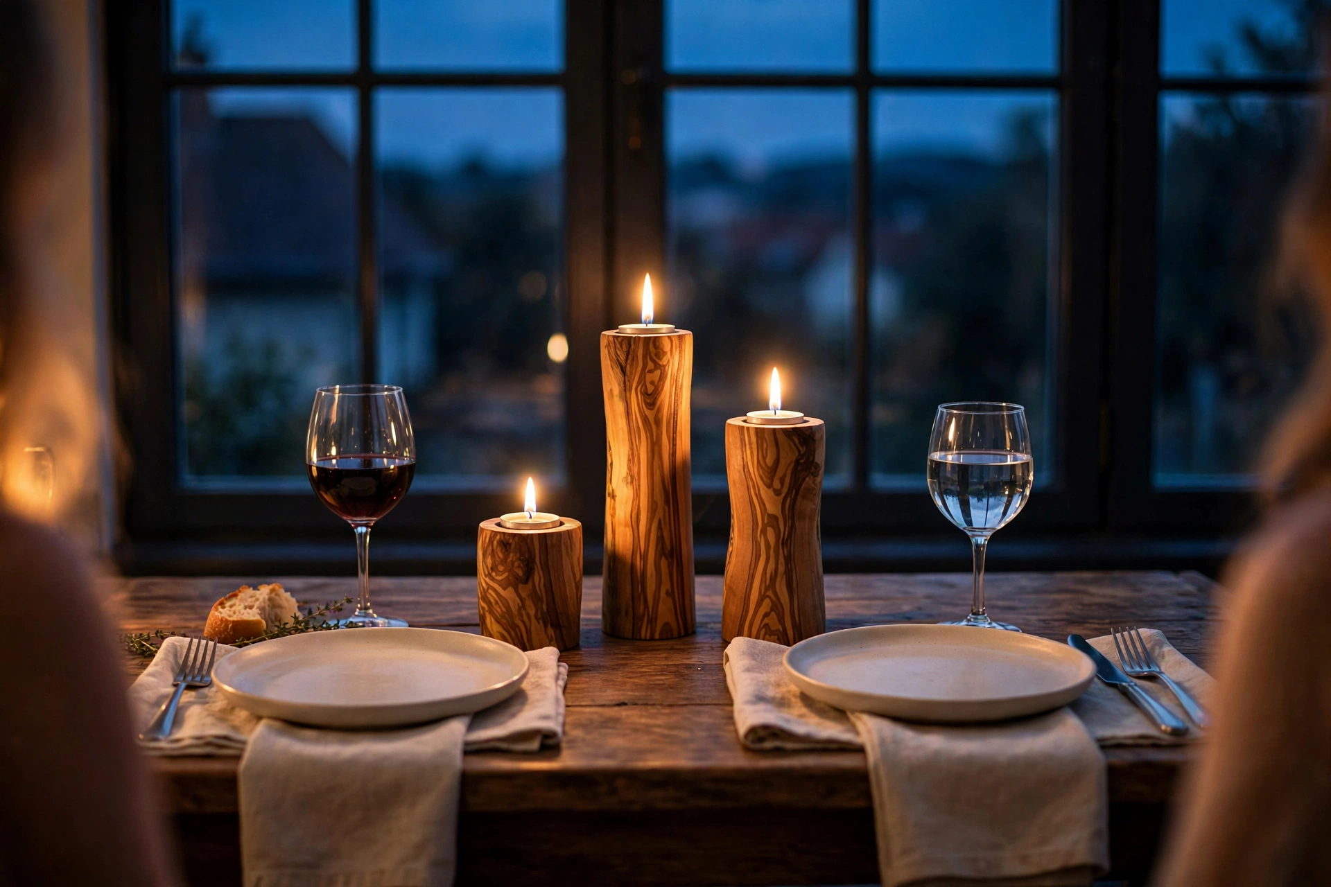 Olive wood tea light holders glowing as a dinner table centerpiece between plates and wine glasses