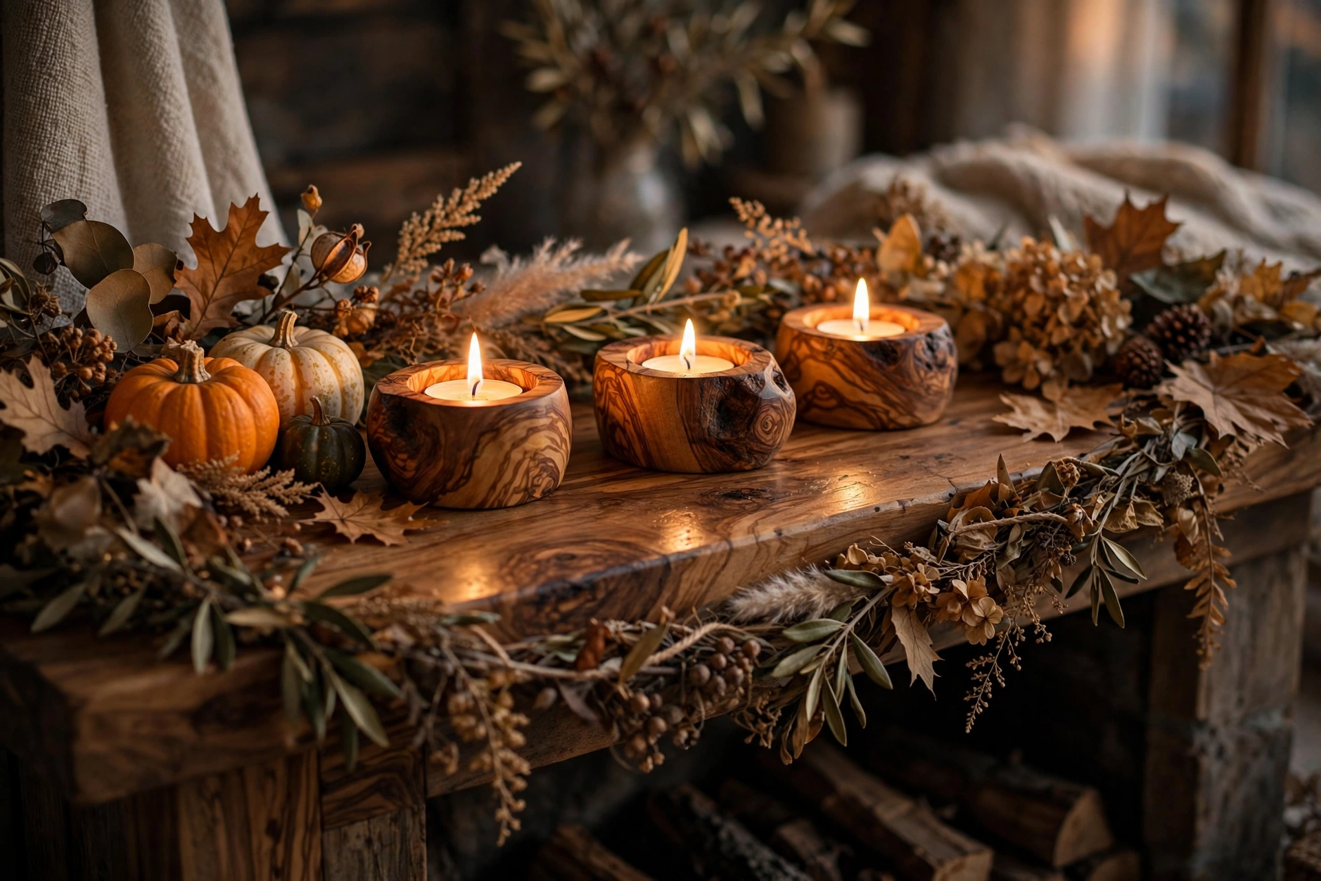Lit olive wood tea light holders on an autumn fireplace mantel with pumpkins and dried leaves