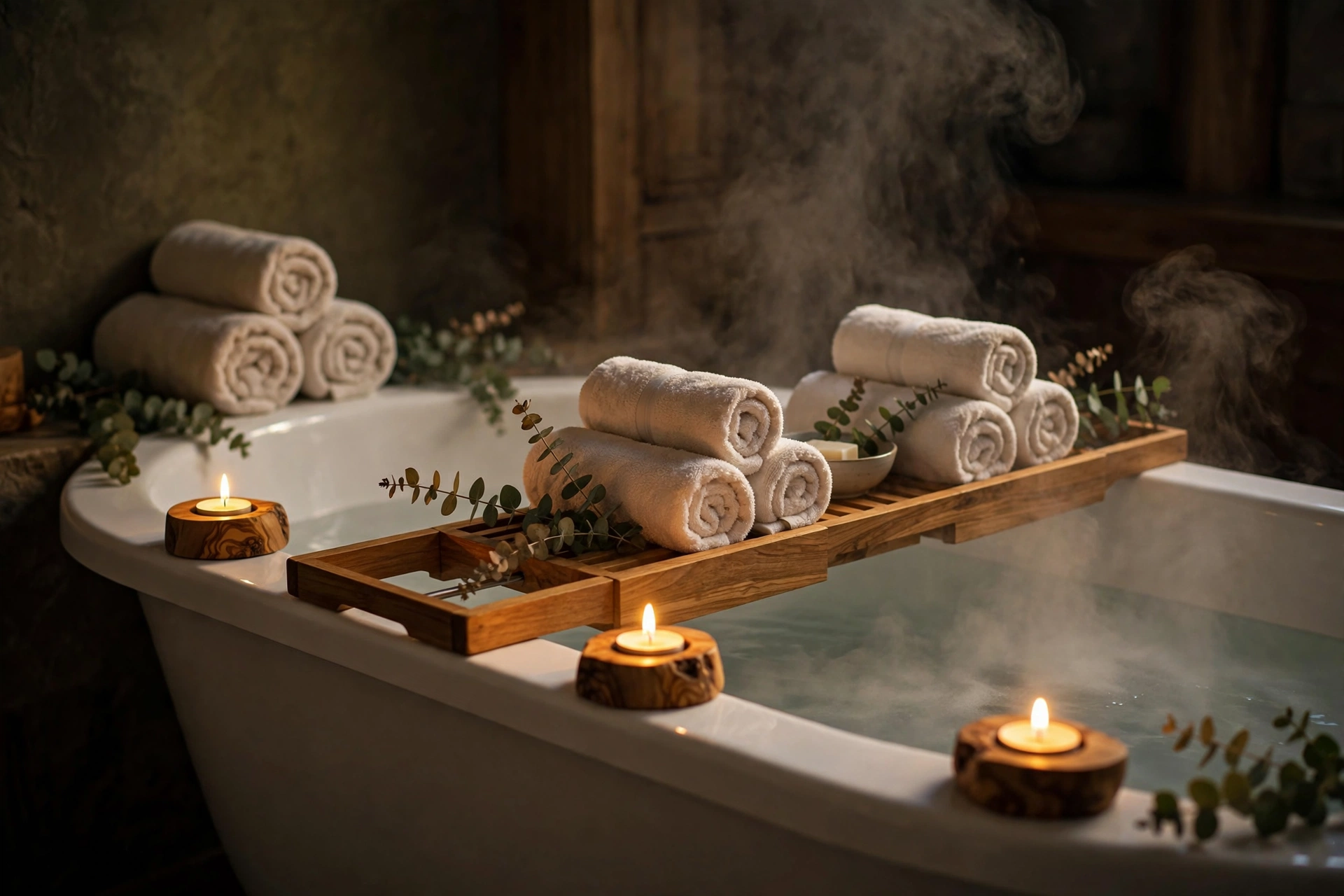 Olive wood tea light holders glowing on a bathtub edge for a spa-like evening bath