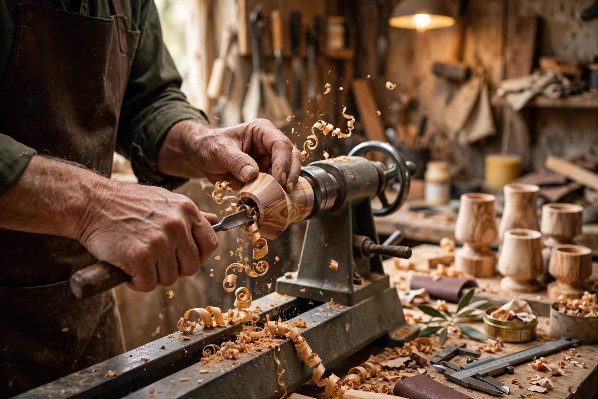 Craftsman hands turning olive wood on a lathe in a small Texas woodworking workshop