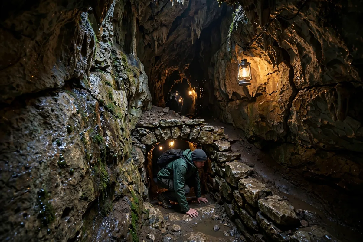 Inside Oweynagat Cave, a narrow limestone passage with damp rock walls