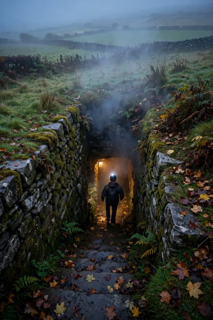 Stone-lined entrance to Oweynagat Cave in a green Irish field at dusk, with warm lantern light glowing from the dark cave opening