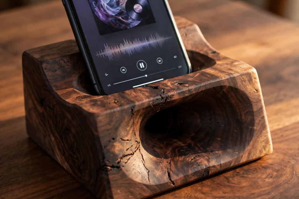 Close-up of the carved acoustic sound channel on a handmade walnut phone speaker stand with a phone in its slot