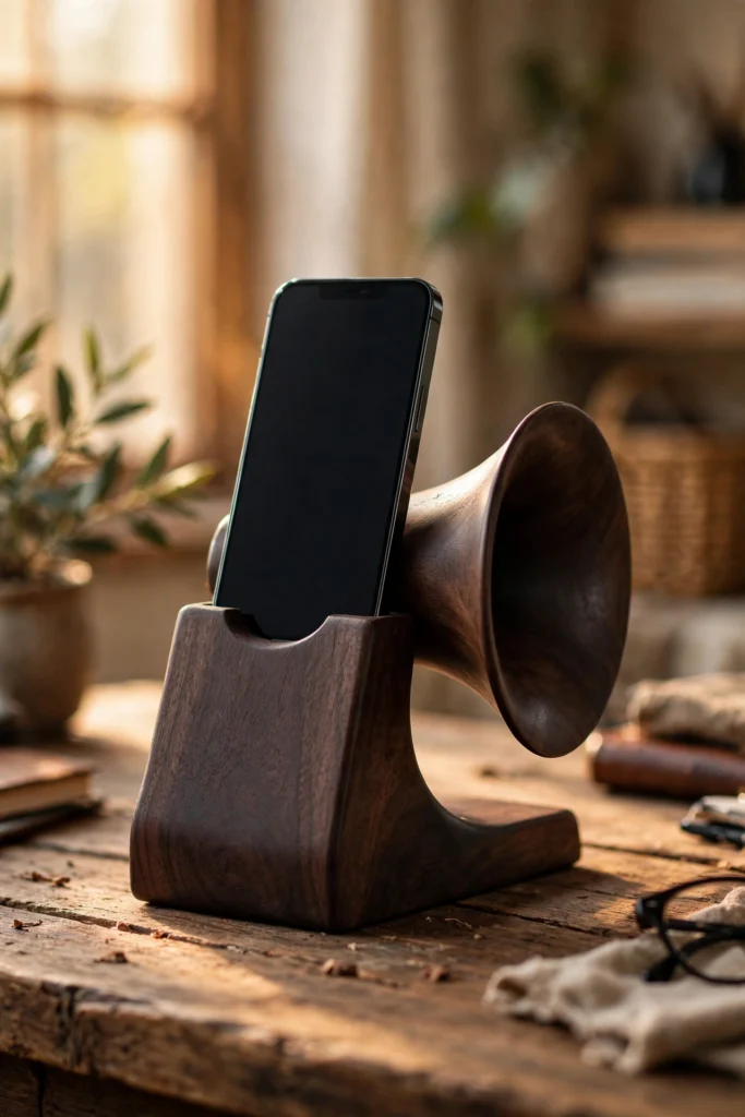 Handmade black walnut wooden phone speaker amplifier stand holding a smartphone on a rustic desk in warm light