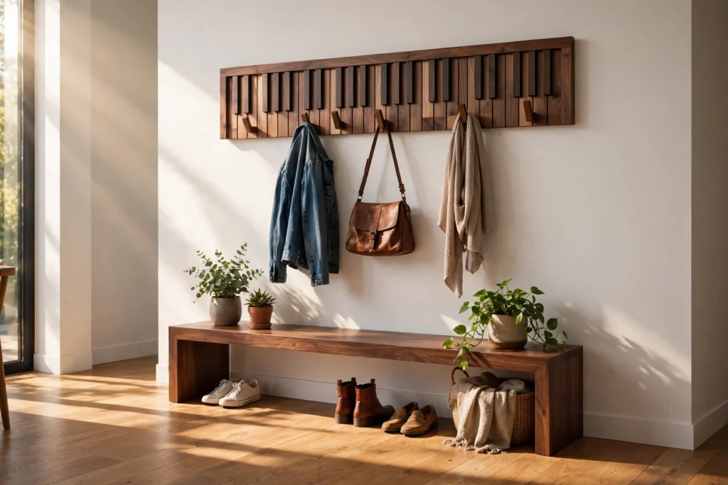 Handmade walnut wooden piano-key coat rack with flip-down hooks holding jacket, handbag and scarf in a sunlit entryway