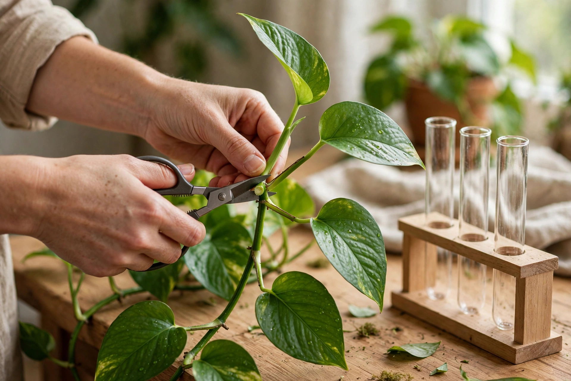 Taking a clean stem cutting from a pothos mother plant beside a wooden propagation station