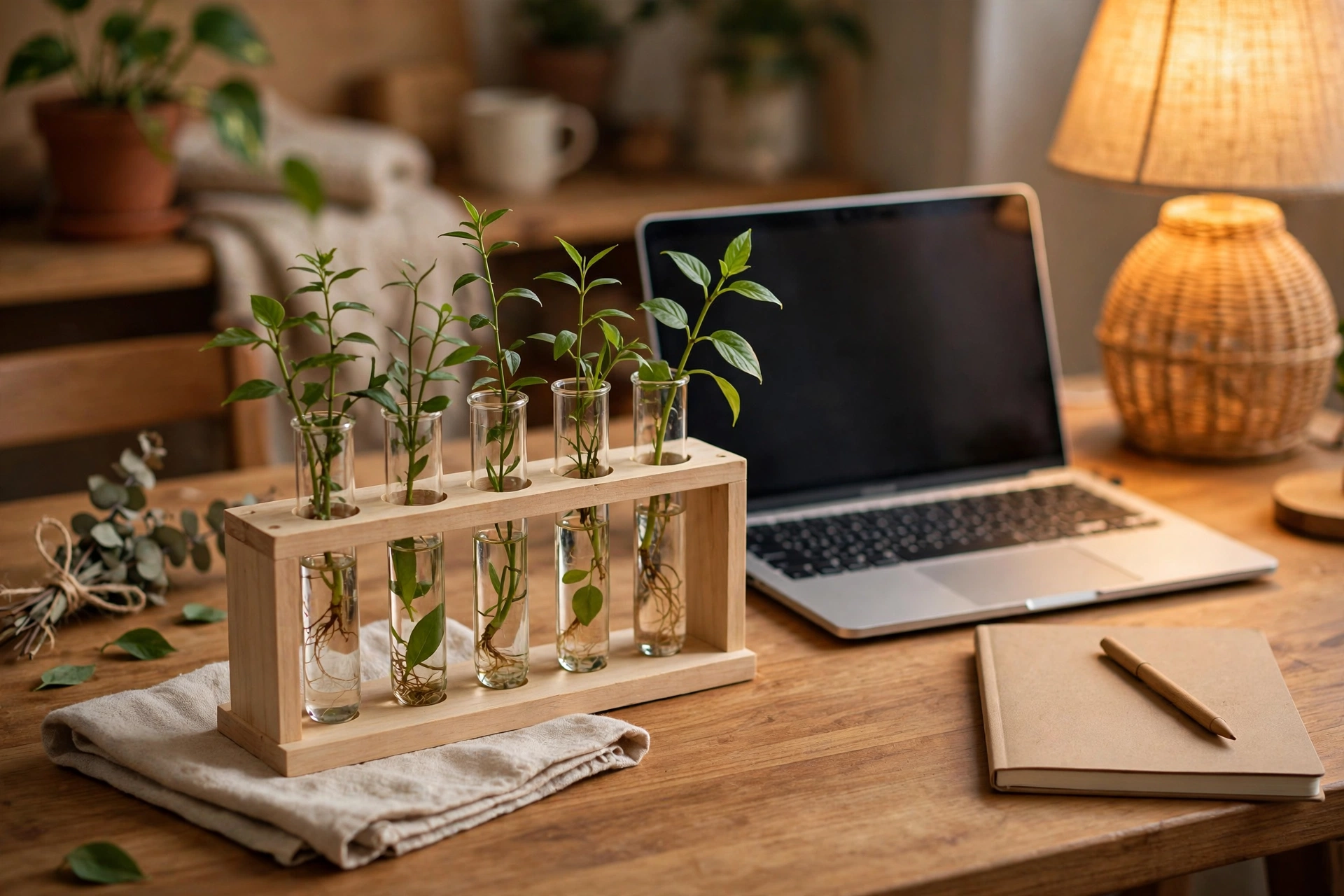 Wooden propagation station with plant cuttings on a home office desk next to a laptop