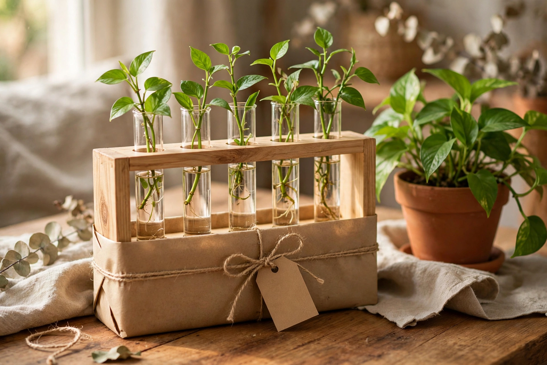 Handmade wooden propagation station wrapped as a gift for plant lovers