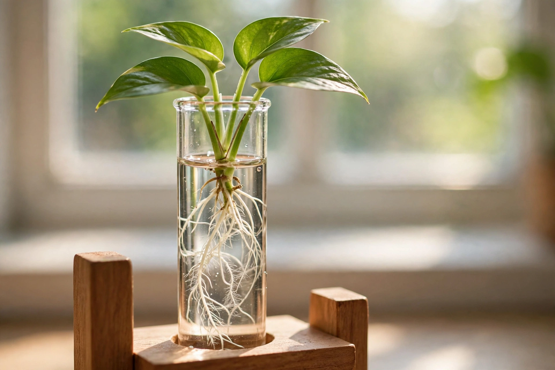 Close-up of white roots growing from a pothos cutting in a glass tube of a wooden propagation station