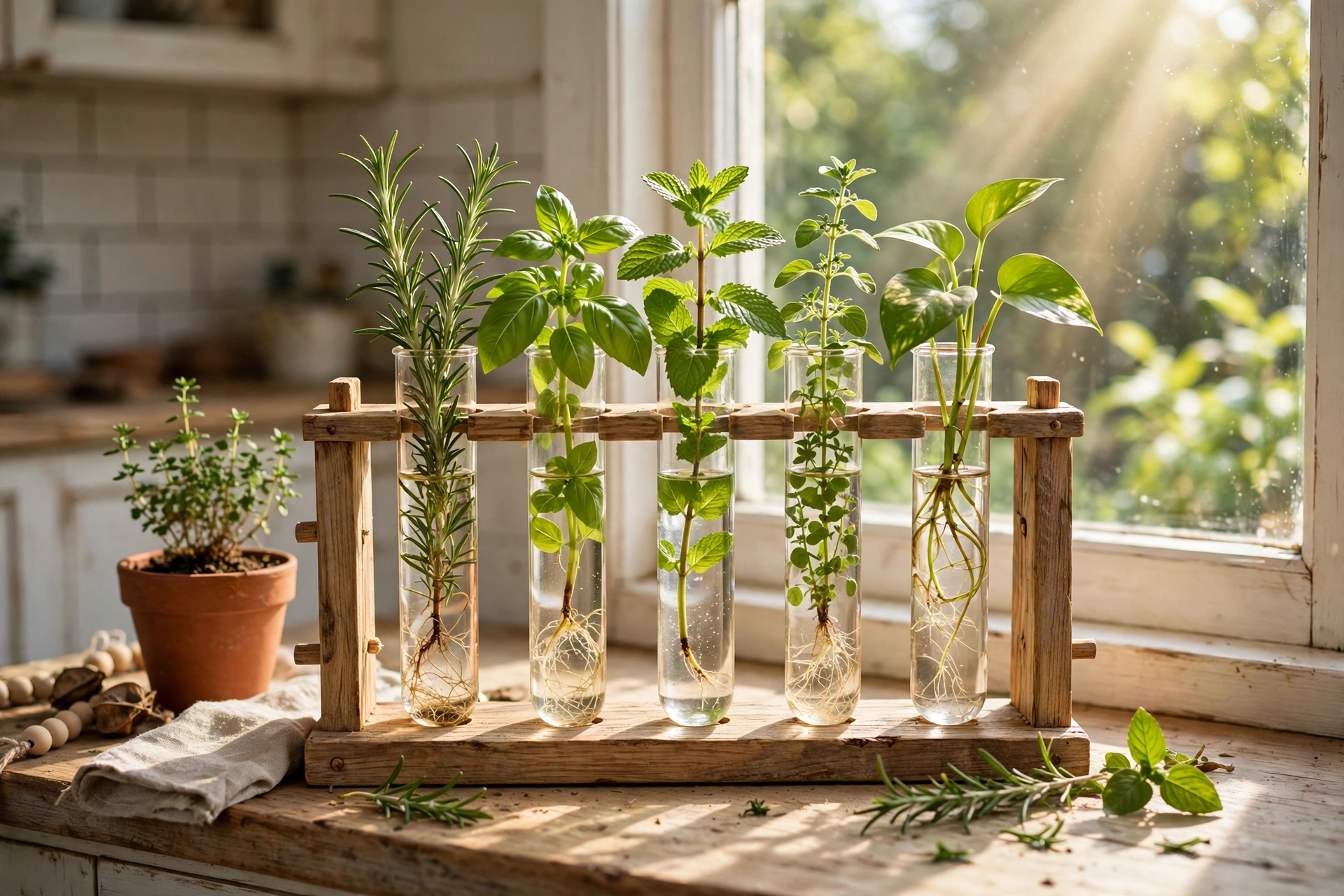 Wooden propagation station with glass vials of green plant cuttings on a sunny kitchen windowsill