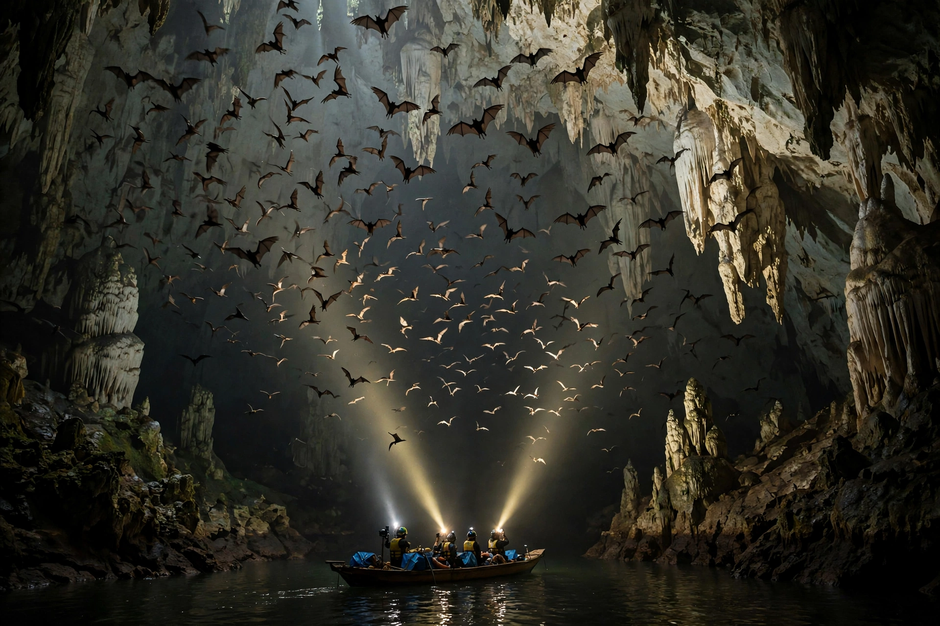 Bats flying through the dark chambers of the Puerto Princesa Underground River cave in Palawan