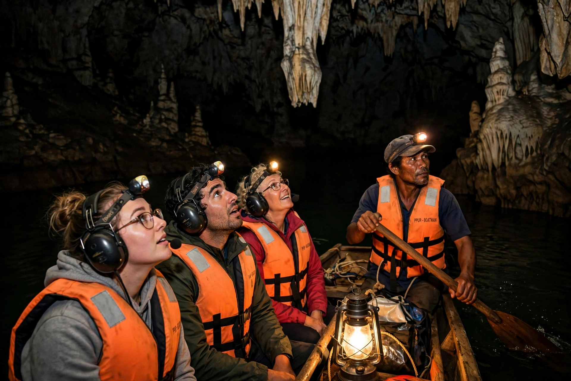 Tourists in a paddle boat wearing headlamps and audio headsets inside the dark Puerto Princesa Underground River cave