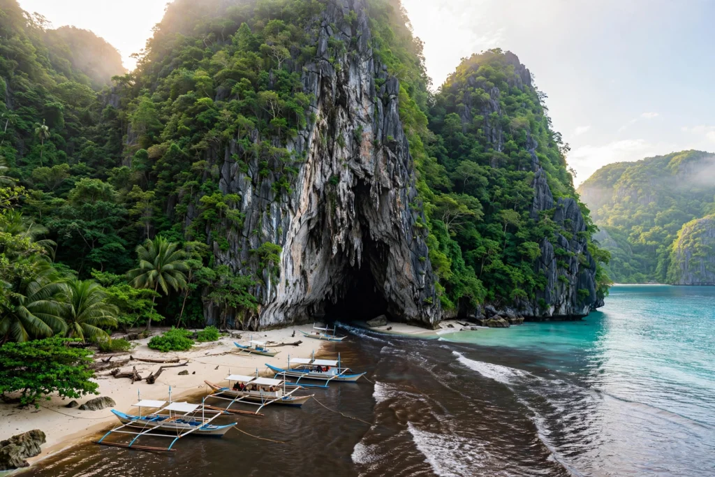 Puerto Princesa Underground River in Palawan, Philippines, where the river vanishes into a jungle-covered mountain
