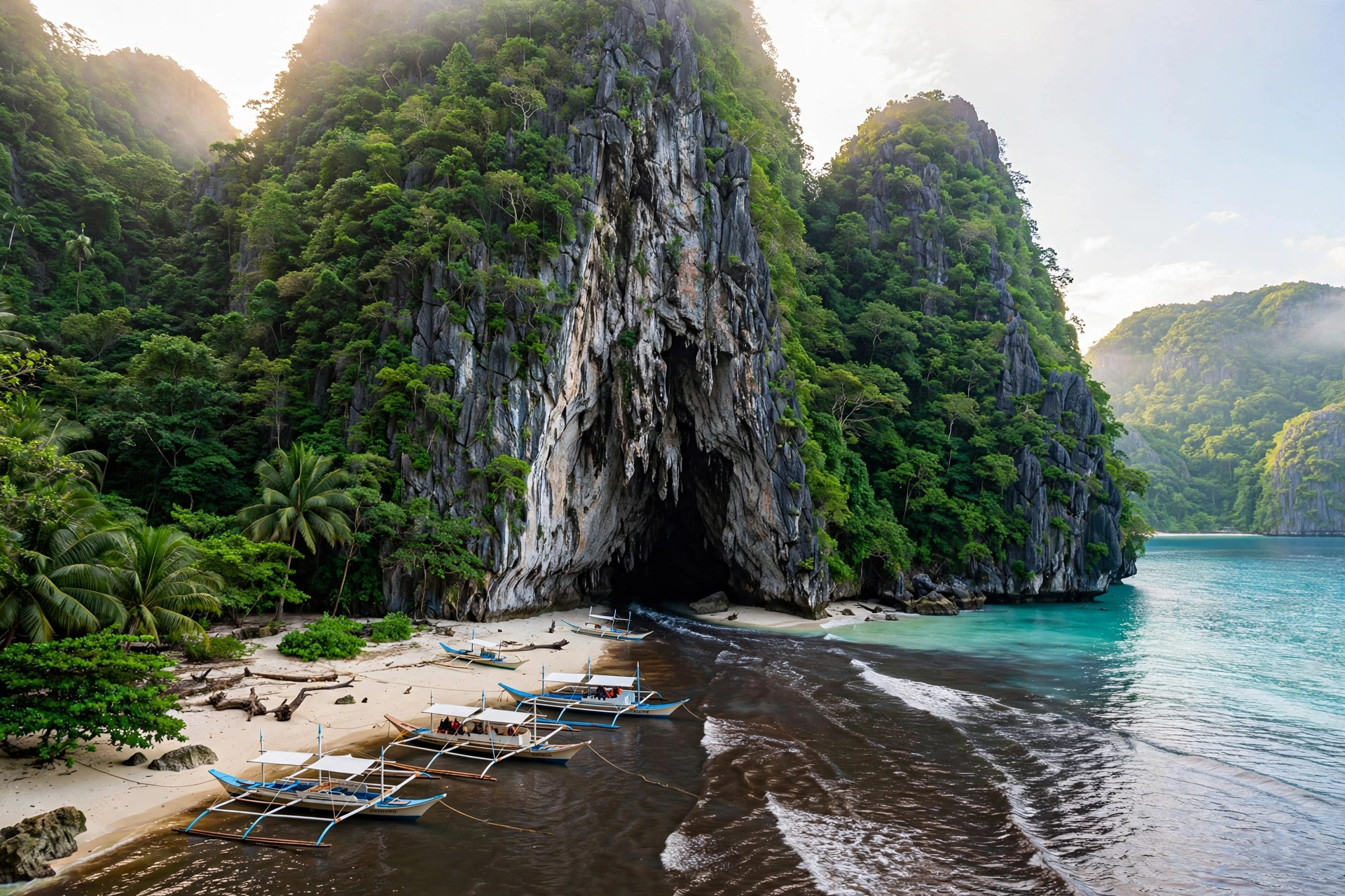 Puerto Princesa Underground River in Palawan, Philippines, where the river vanishes into a jungle-covered mountain