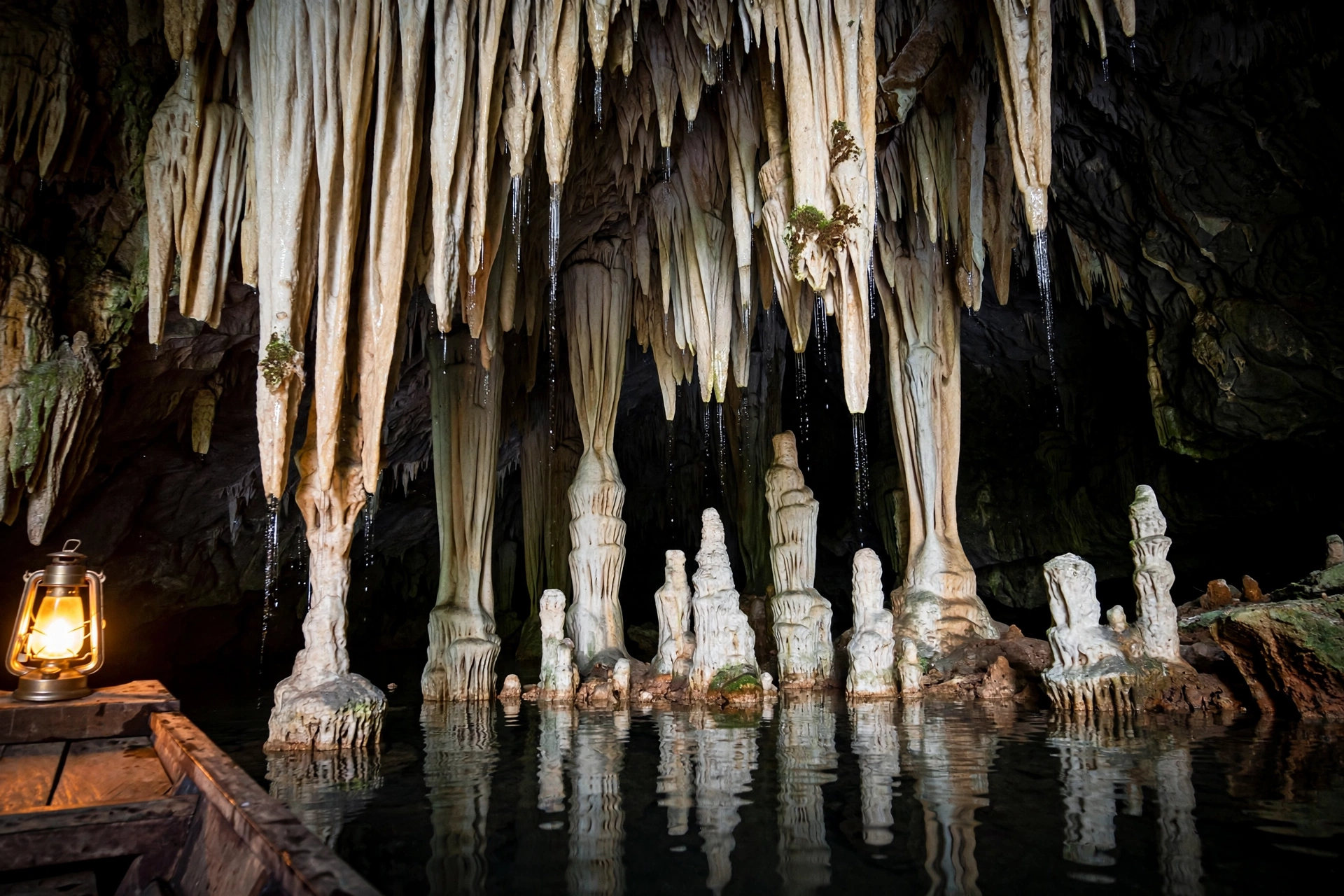 Stalactite and stalagmite formations glowing in lamplight inside the Puerto Princesa Underground River cave, Palawan