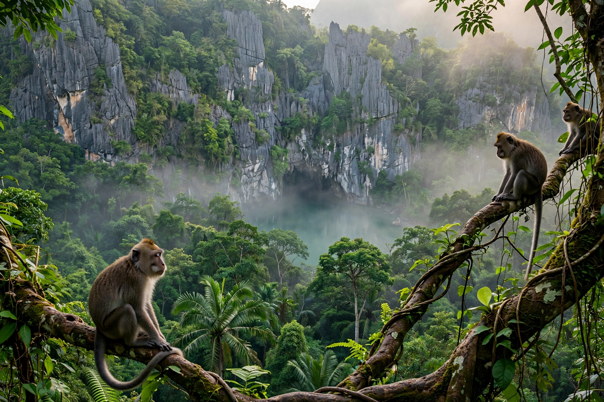 Karst limestone cliffs and dense jungle canopy of the Puerto Princesa Subterranean River National Park at dawn