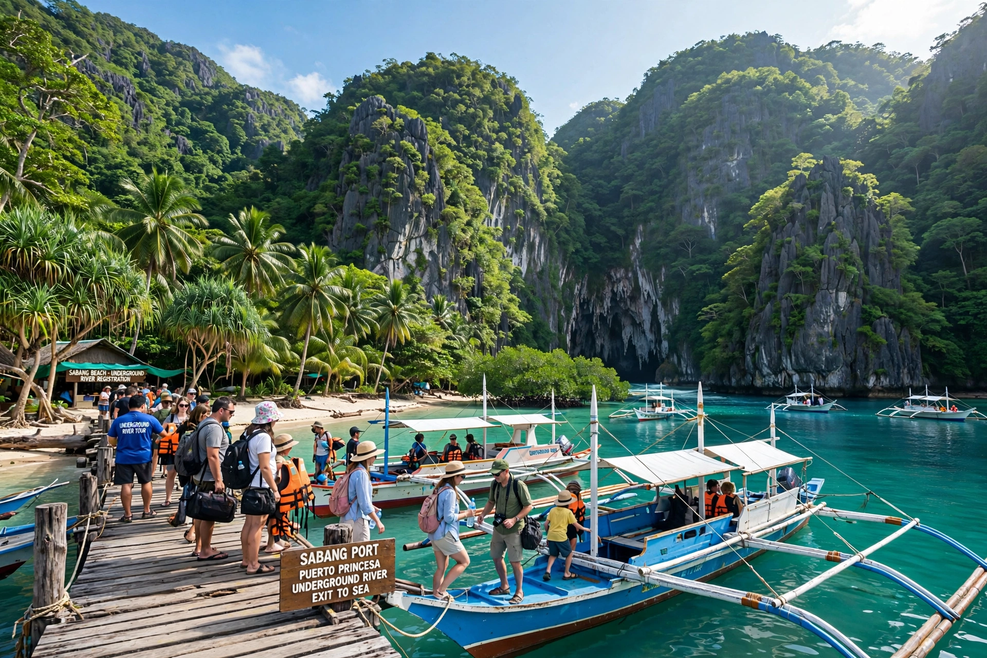 Sabang beach in Palawan with pump boats at the pier, gateway to the Puerto Princesa Underground River