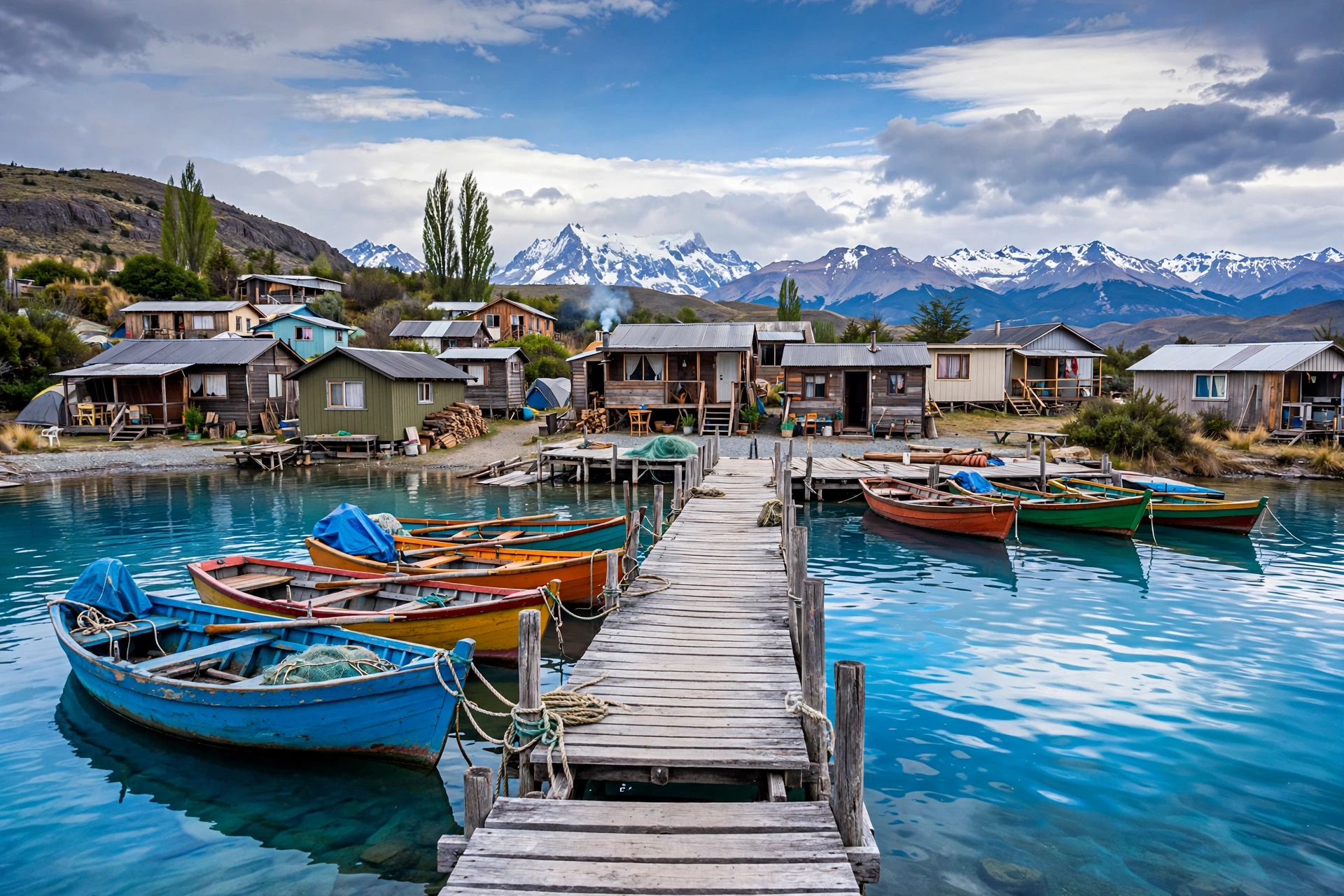 Boats at the pier in Puerto Rio Tranquilo, the tiny Patagonian hamlet and gateway to the Marble Caves