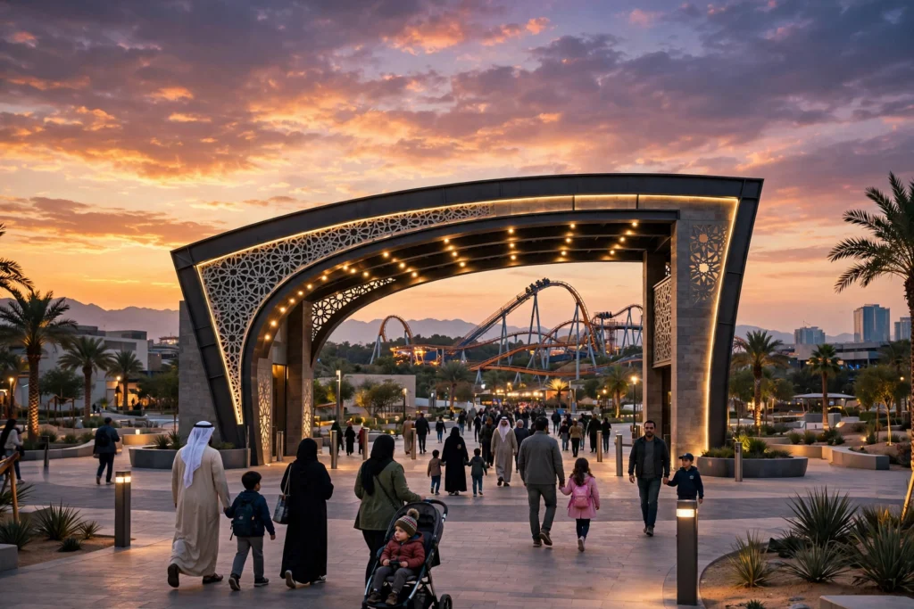 Six Flags Qiddiya City entrance at dusk with coaster track in the background