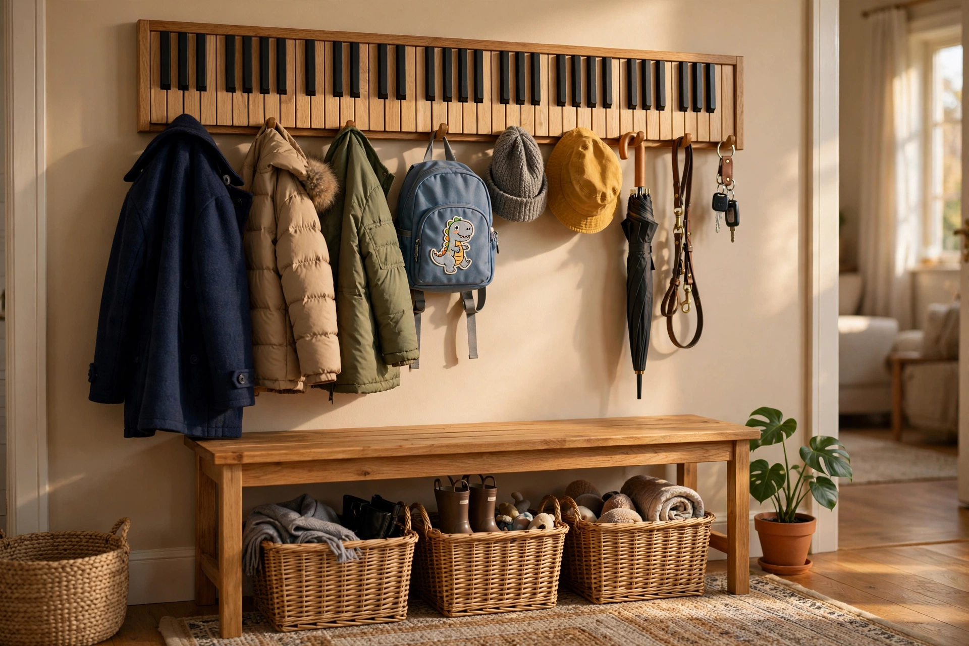 Wooden piano-key coat rack loaded with family coats, backpacks, hats and a dog leash on flip-down hooks
