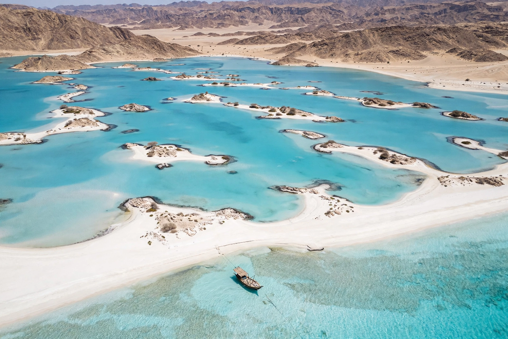 Aerial view of Saudi Arabia's Red Sea coastline with white sand beaches and turquoise lagoons