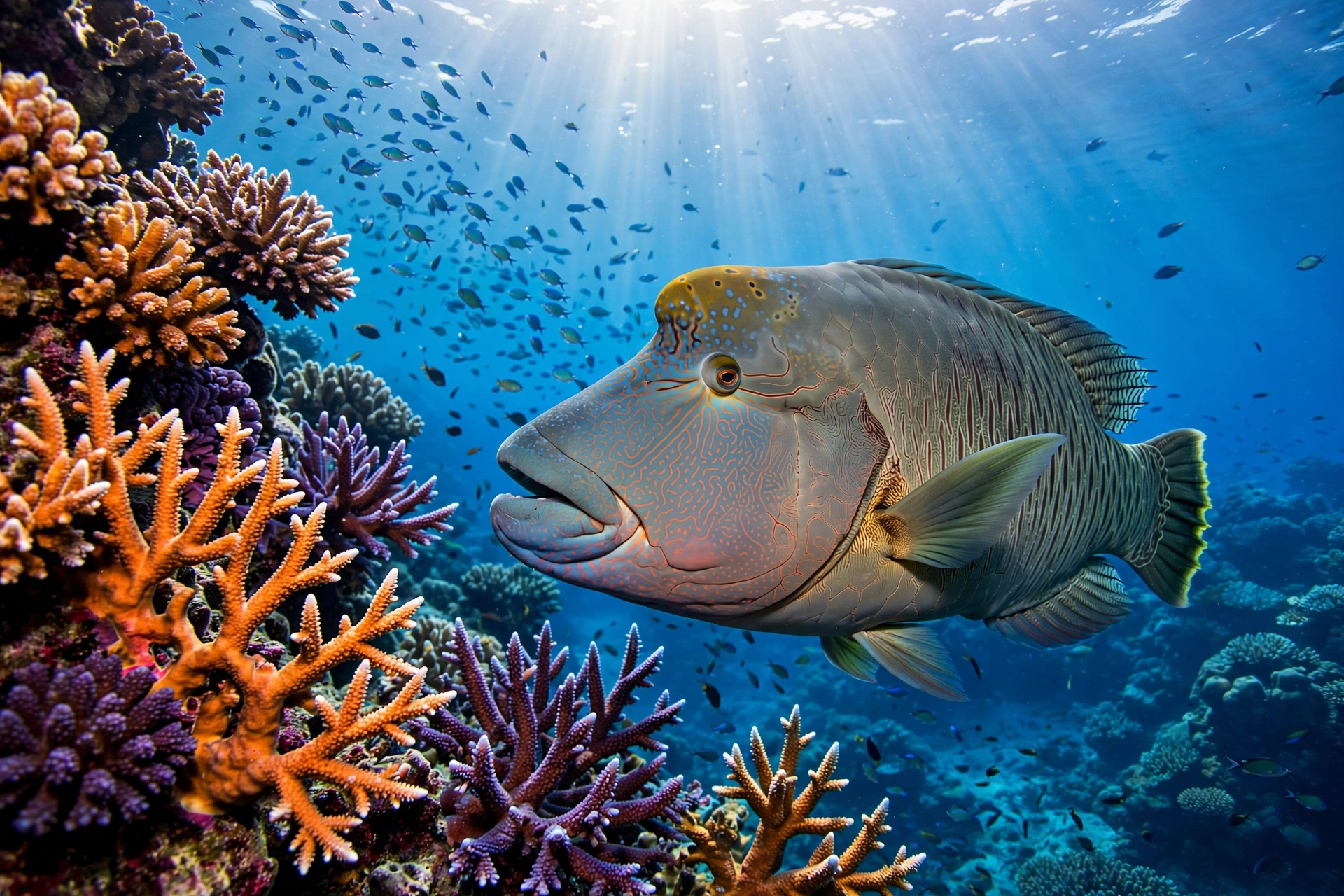 Vibrant coral wall with a humphead wrasse in the Saudi Red Sea