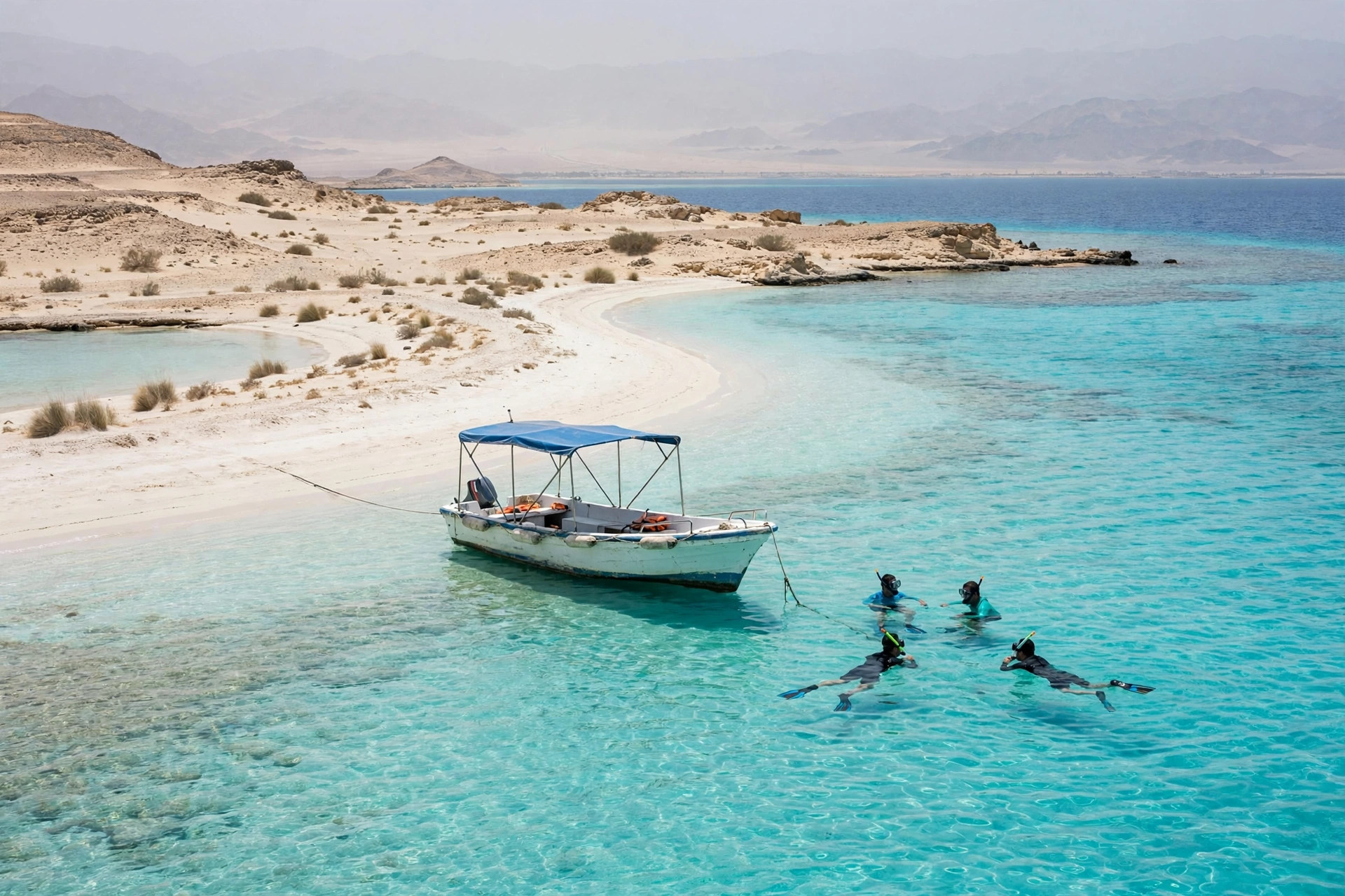 Tour boat anchored at an uninhabited island lagoon on the Saudi Red Sea coast