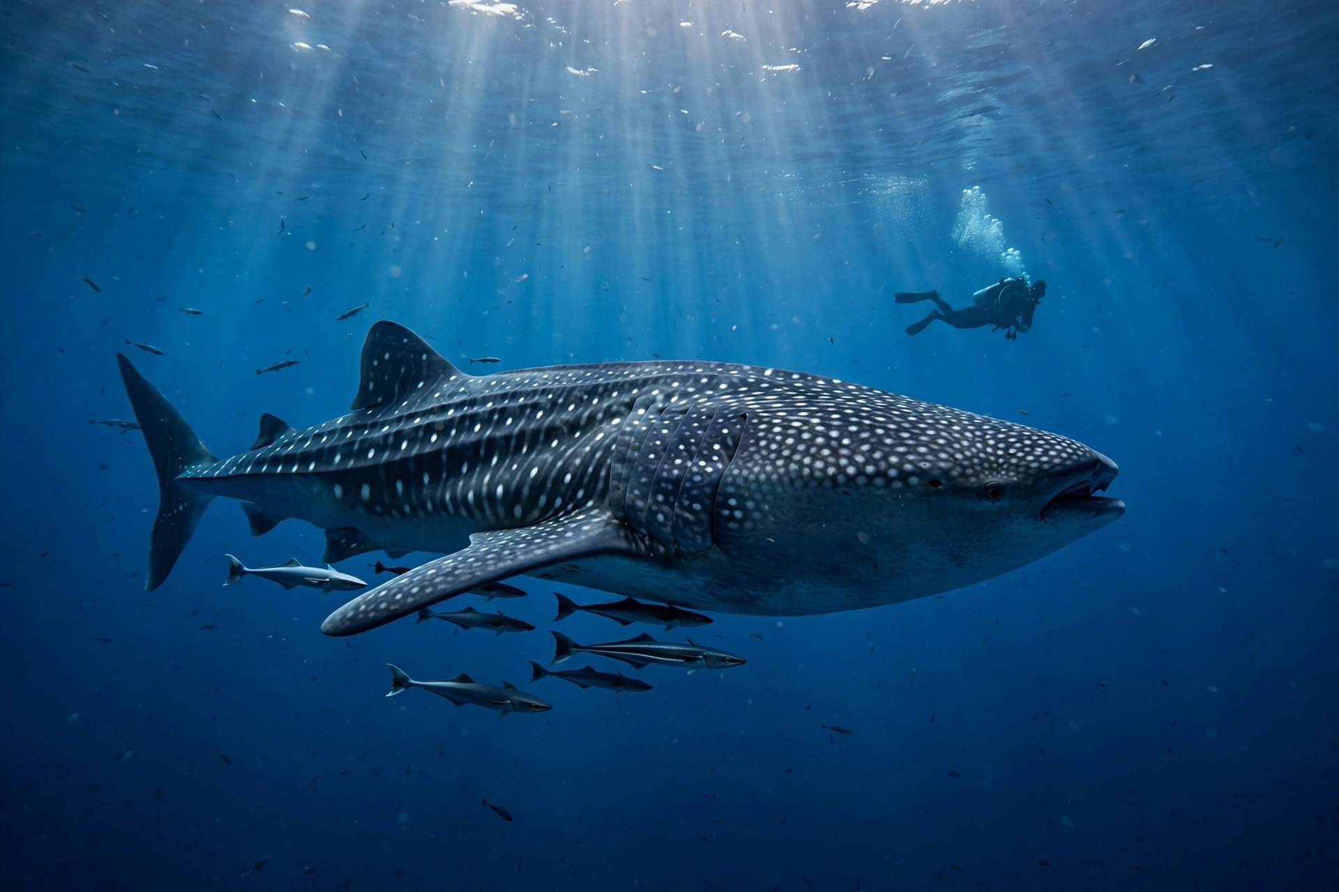 Whale shark gliding through deep blue water in the Saudi Red Sea near a scuba diver