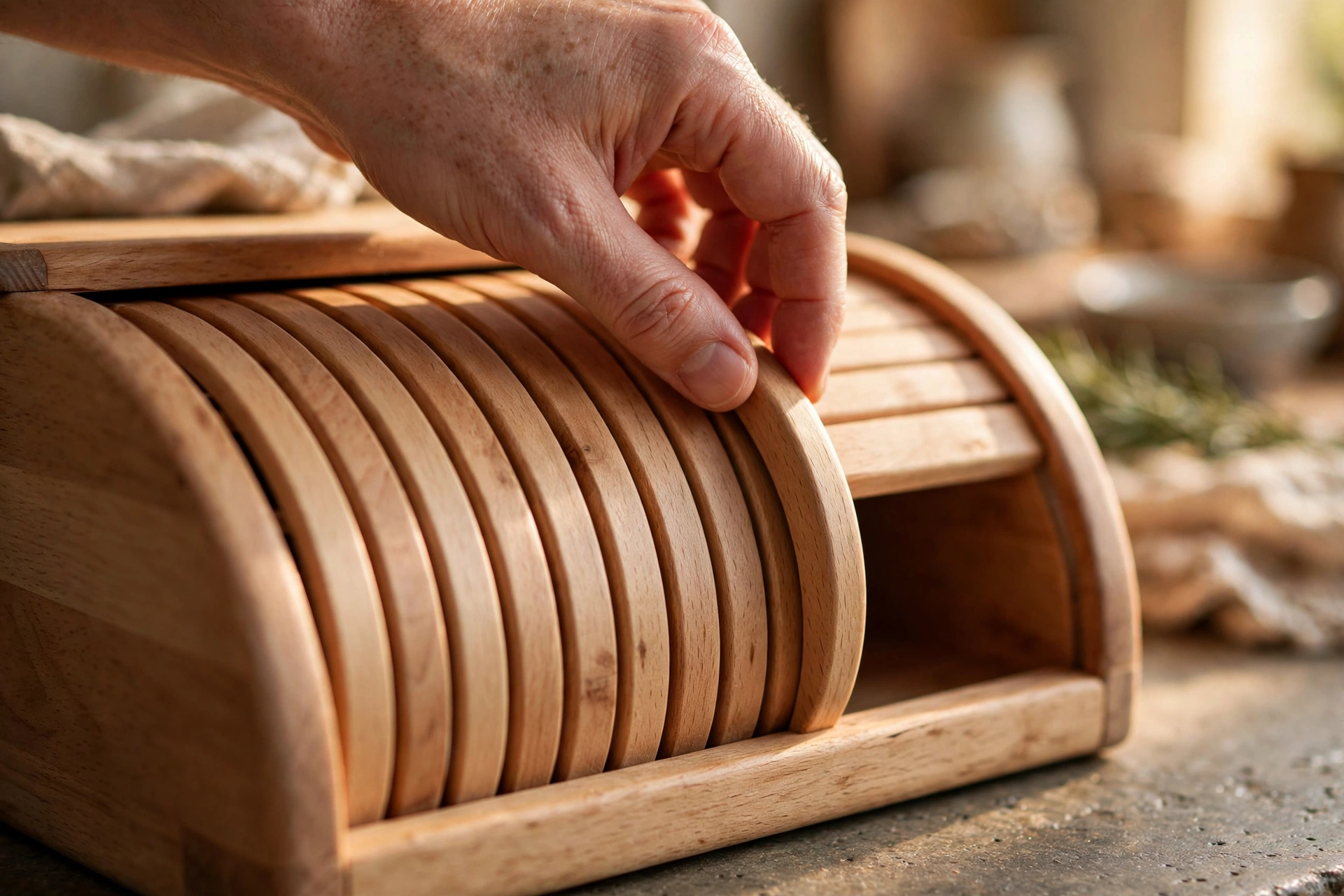 Hand rolling open the wooden slatted roll-top lid of a handmade bread box