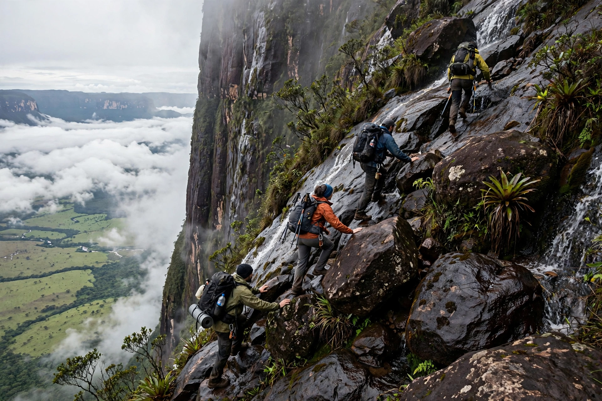 Trekkers climbing La Rampa, the steep natural rock ramp up the side of Mount Roraima