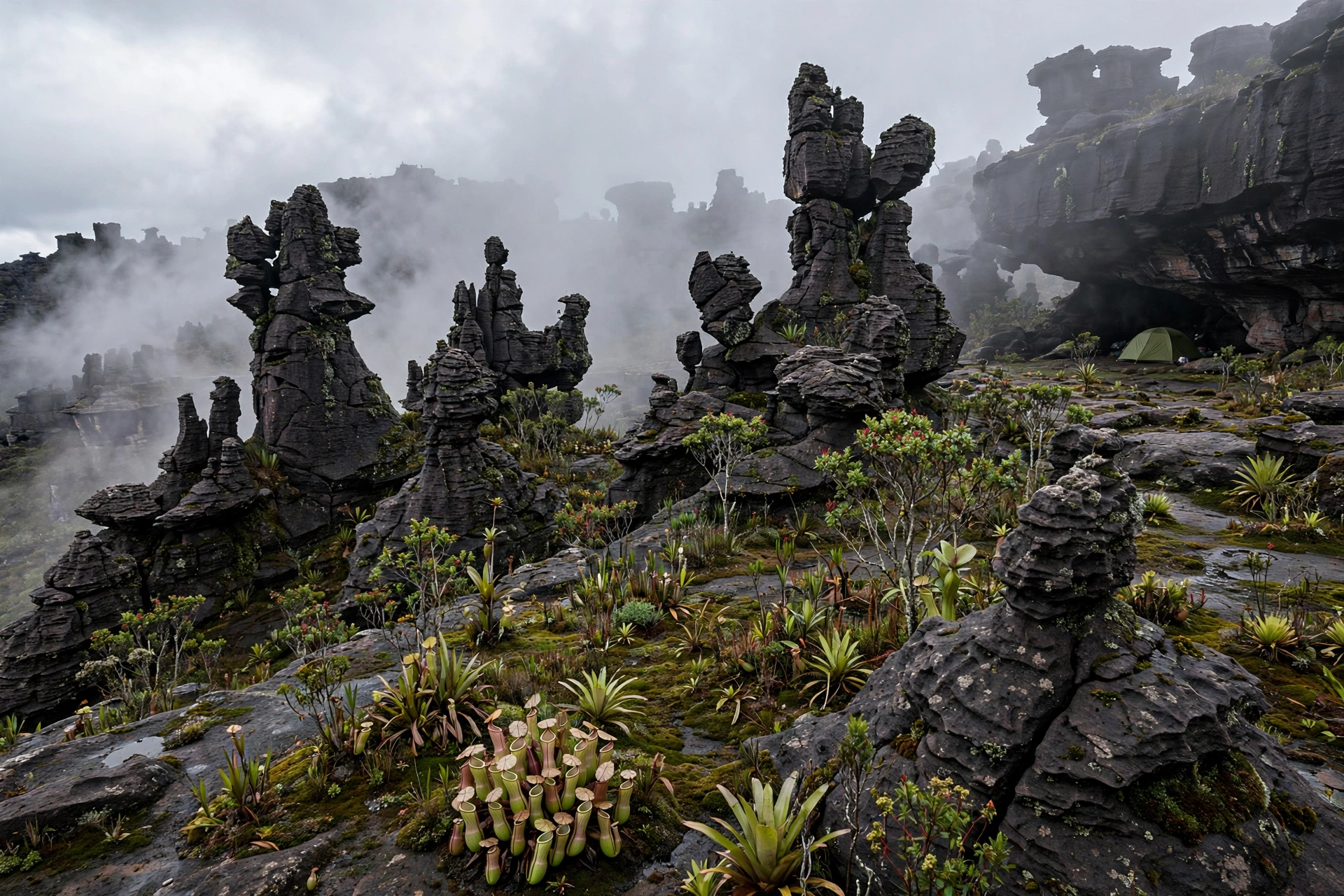 Alien black rock formations and mist on the summit plateau of Mount Roraima