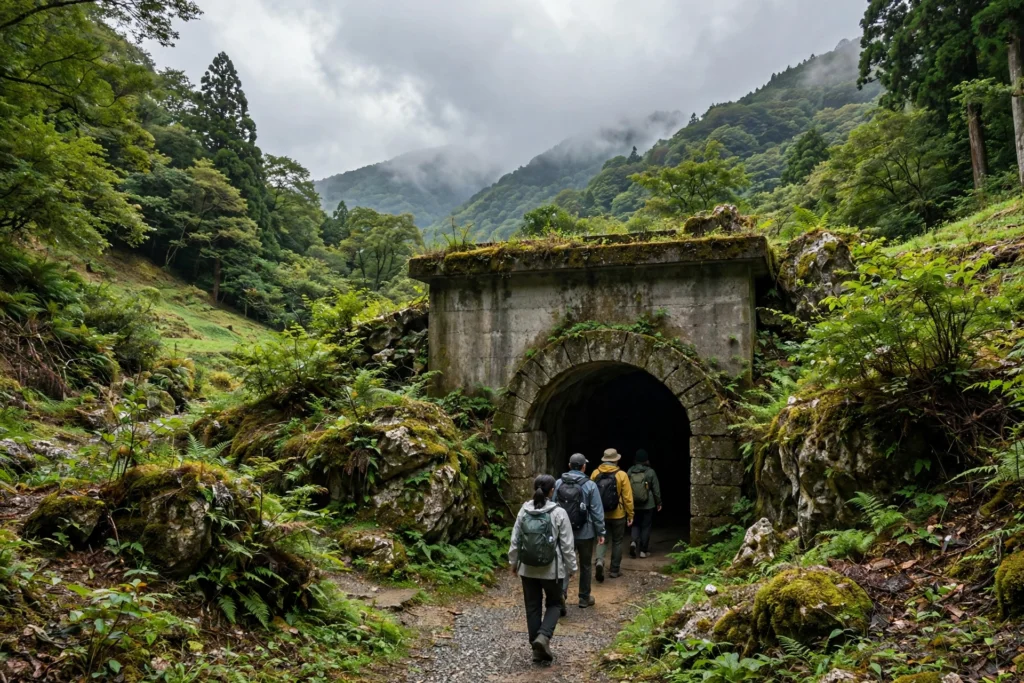 Entrance to Ryusendo Cave surrounded by forested hills in Iwaizumi, Iwate